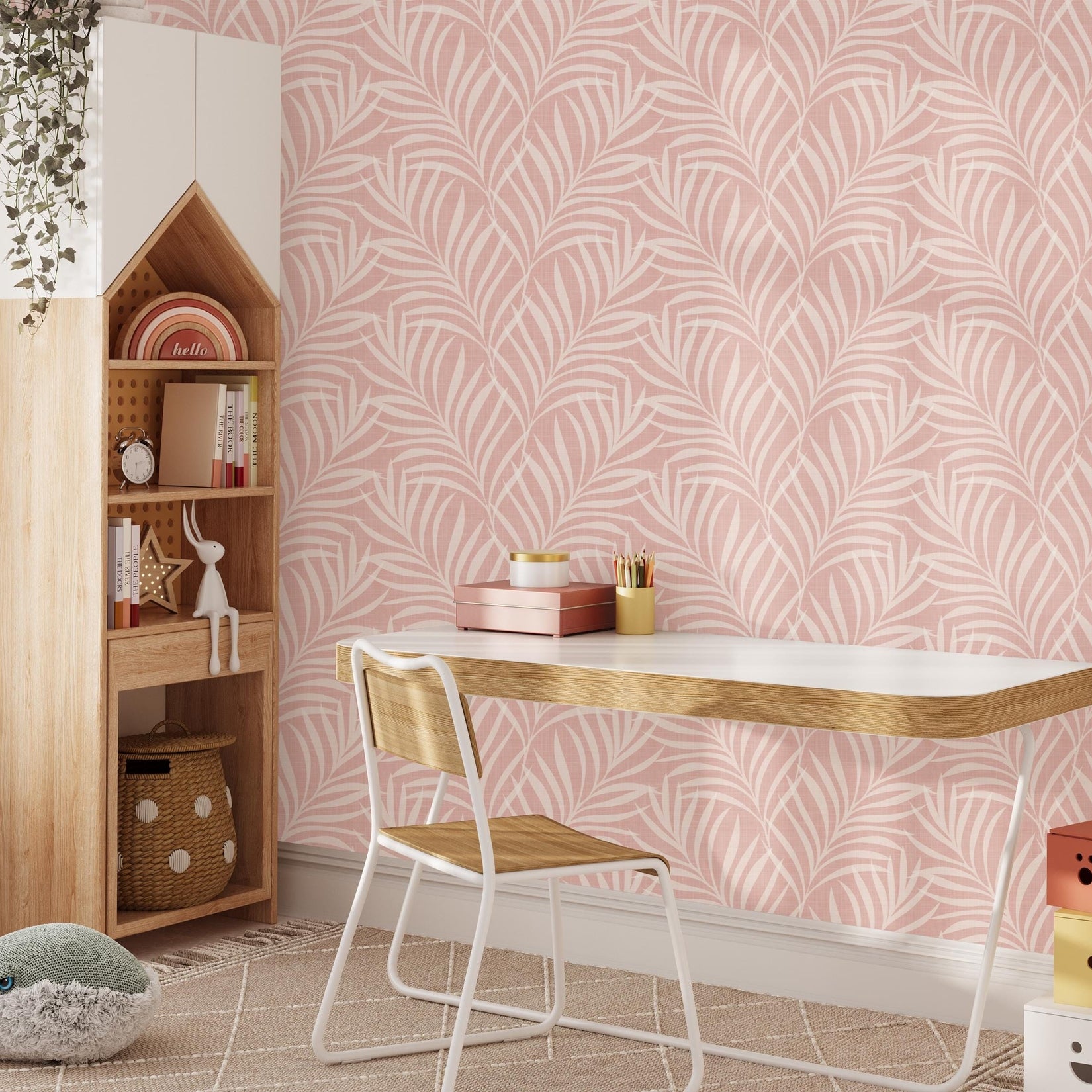 Boho Tropical Pink Peel and Stick Wallpaper with palm frond leaves. Shown in removable peel and stick or pre-pasted, this is a perfect palm springs print for baby girl nursery, teen tween room, or kids bathroom.