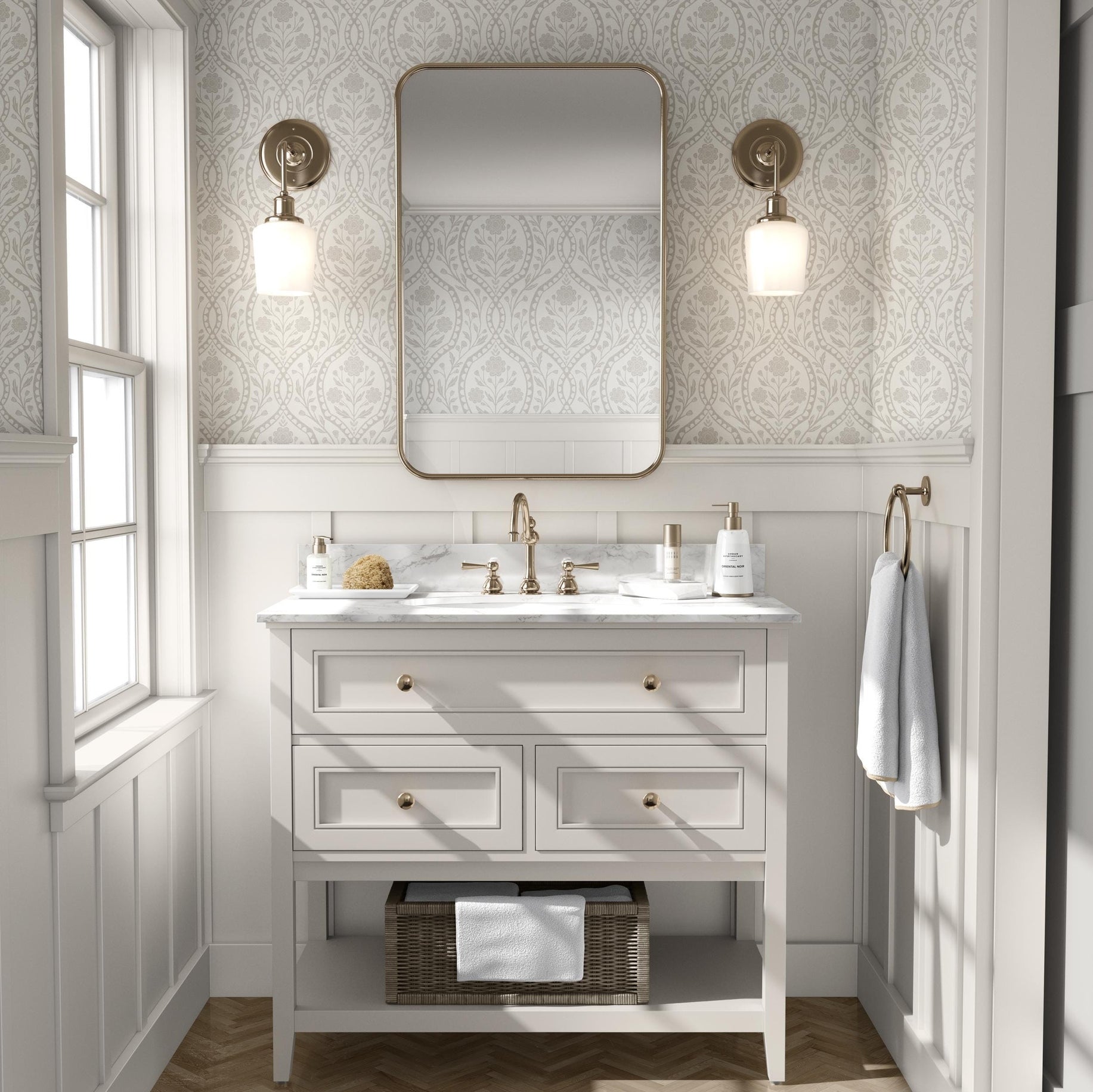 wallpaper shown in peel and stick or removable prepasted. neutral beige and off white French country wallpaper with elegant wildflower damask. Renter-friendly subtle botanical design for a timeless baby girl nursery, bedroom, or bathroom wall.