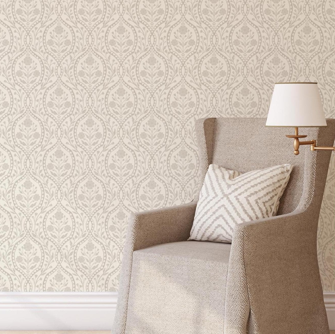 wallpaper shown in peel and stick or removable prepasted. neutral beige and off white French country wallpaper with elegant wildflower damask. Renter-friendly subtle botanical design for a timeless baby girl nursery, bedroom, or bathroom wall.