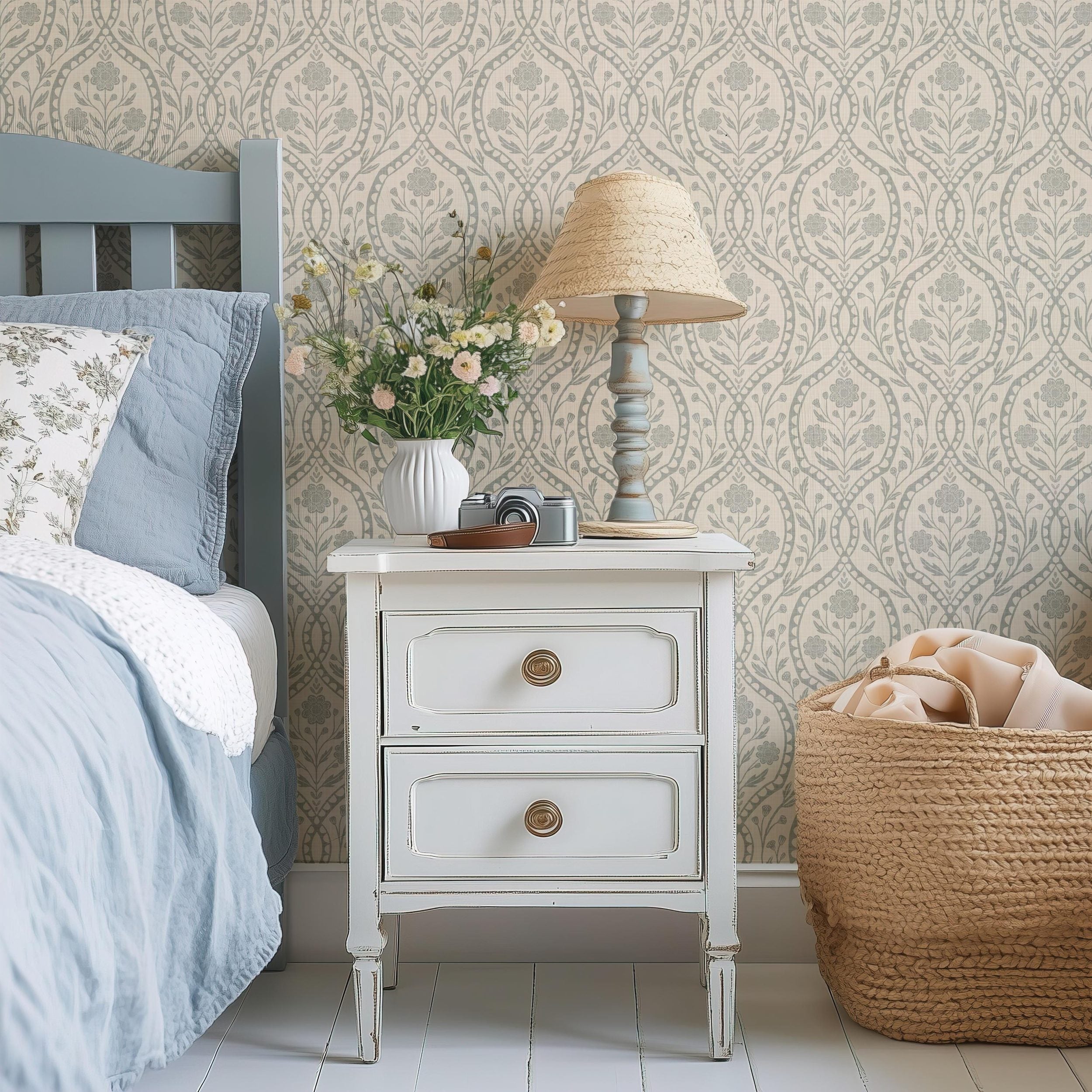 wallpaper shown in peel and stick or removable prepasted. neutral sage green and beige French country wallpaper with elegant wildflower damask. Renter-friendly subtle botanical design for a timeless baby girl nursery, bedroom, or bathroom wall.