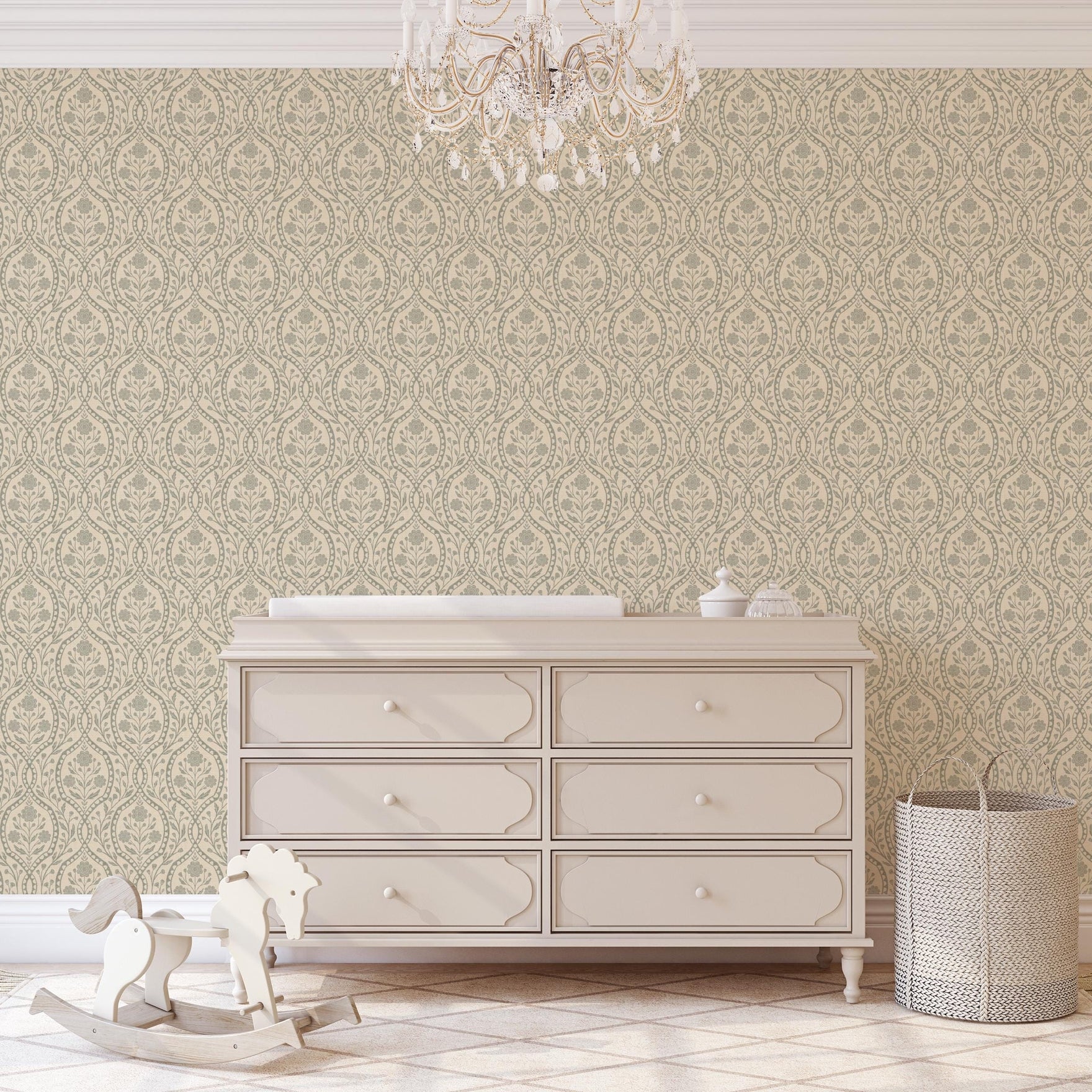 wallpaper shown in peel and stick or removable prepasted. neutral sage green and beige French country wallpaper with elegant wildflower damask. Renter-friendly subtle botanical design for a timeless baby girl nursery, bedroom, or bathroom wall.