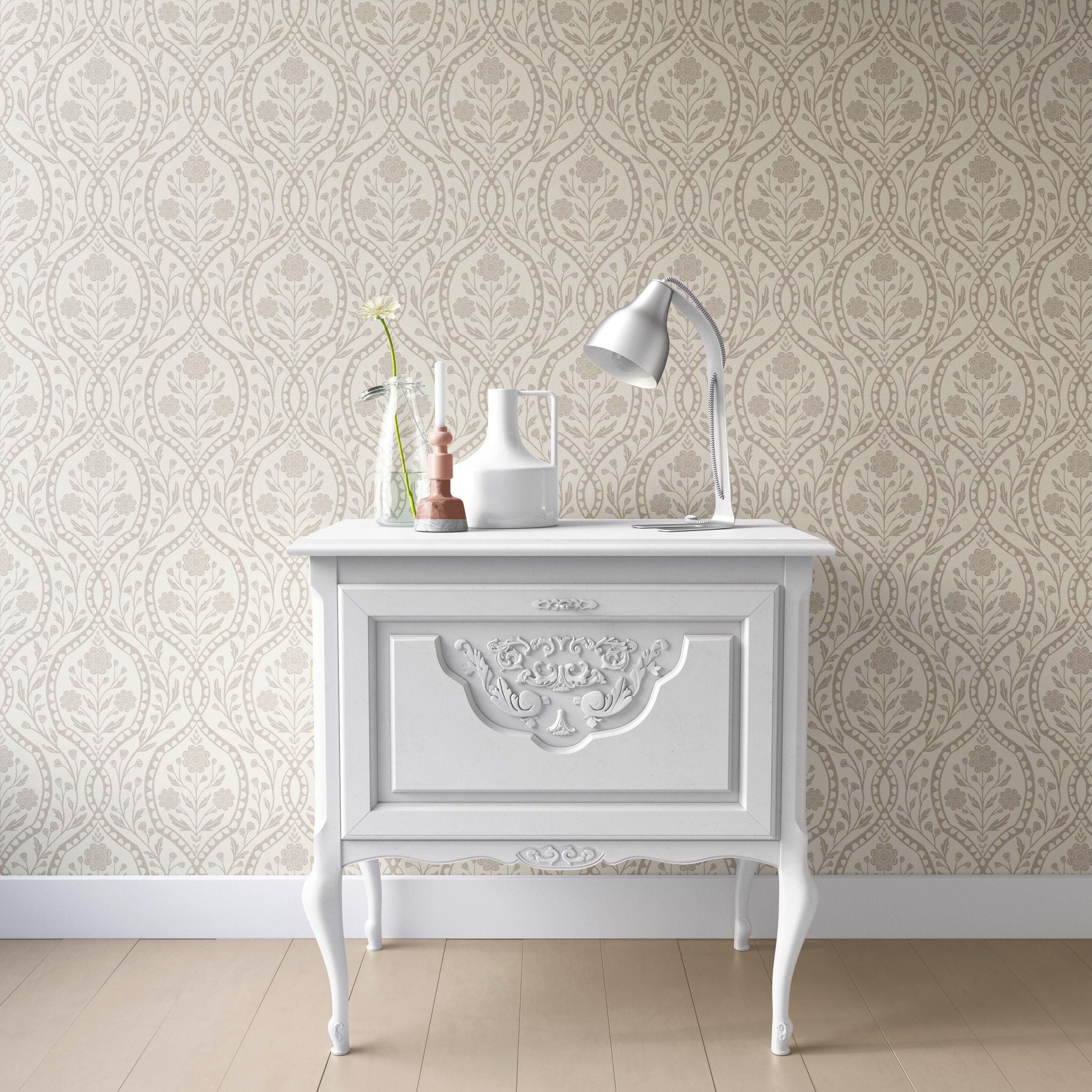 Elise Wallpaper - Greige wallpaper available in peel and stick (removable), prepasted, and traditional nonpasted / unpasted
