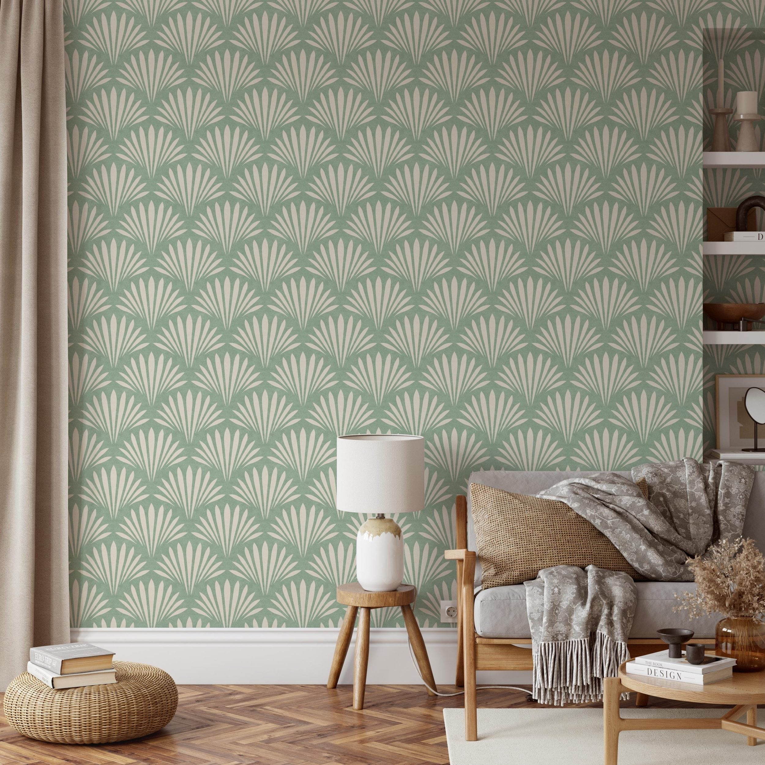 Wallpaper shown in peel and stick or removable pre-pasted in aqua green and off white with seashell palm fan print. A tropical boho modern coastal print for bathroom wallpaper, powder room, baby nursery, bedroom or accent wall.
