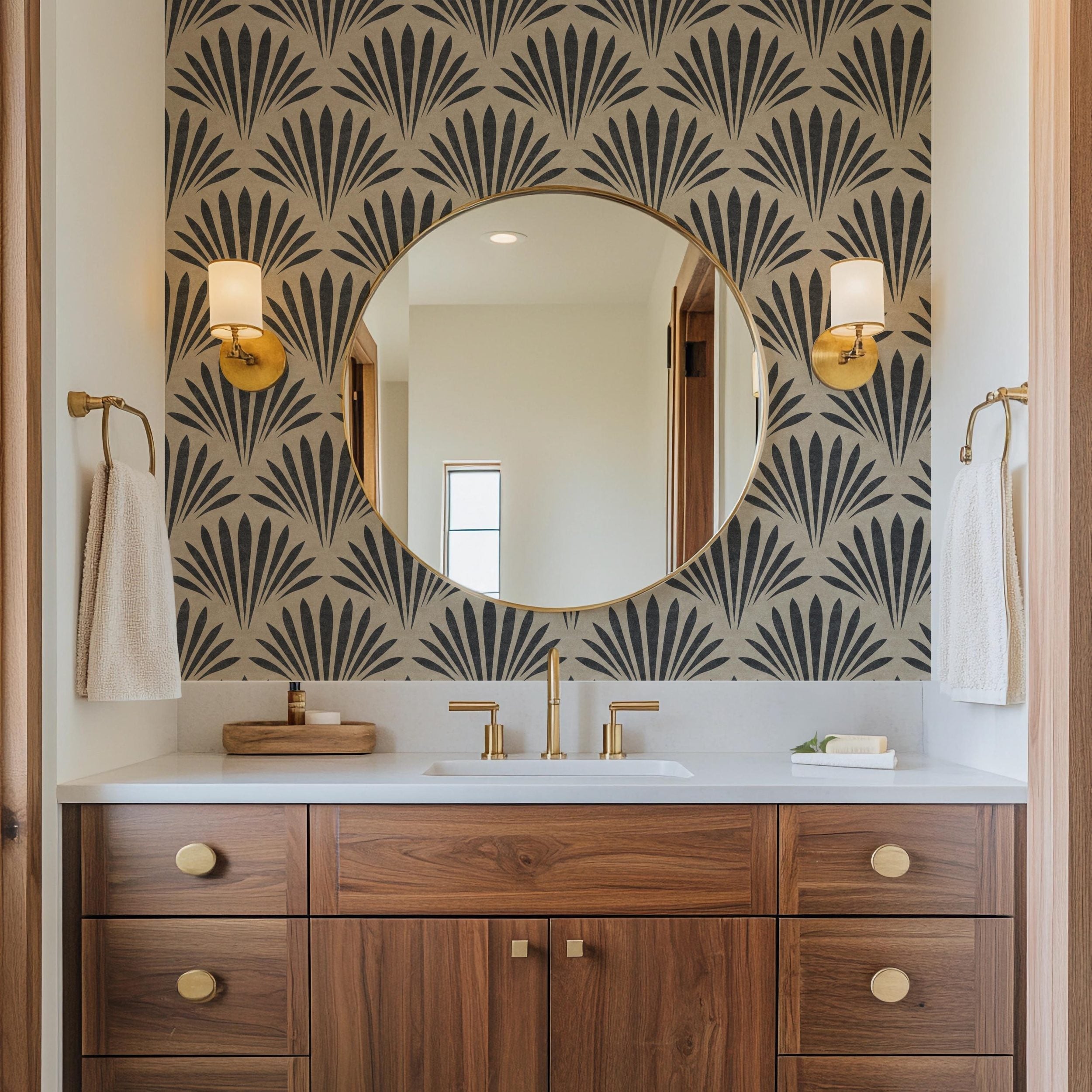 tropical boho wallpaper shown in peel and stick or prepasted removable. neutral black and tan for modern coastal bathroom, powder room, office wall, dining or bedroom.