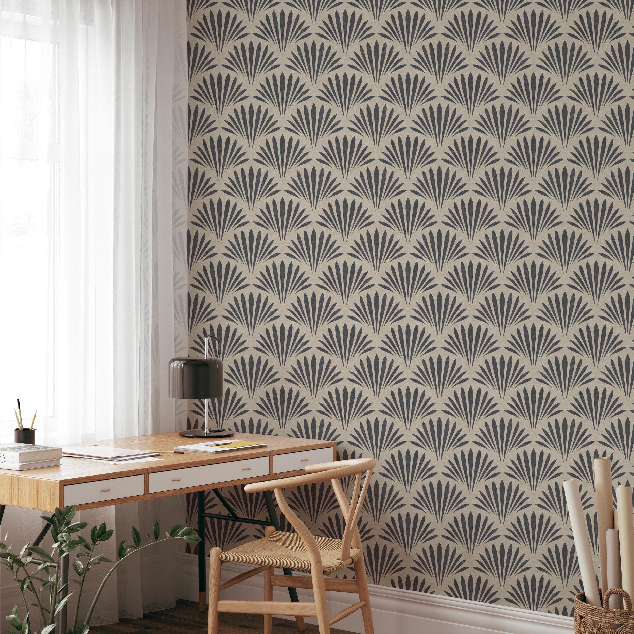 tropical boho wallpaper shown in peel and stick or prepasted removable. neutral black and tan for modern coastal bathroom, powder room, office wall, dining or bedroom.