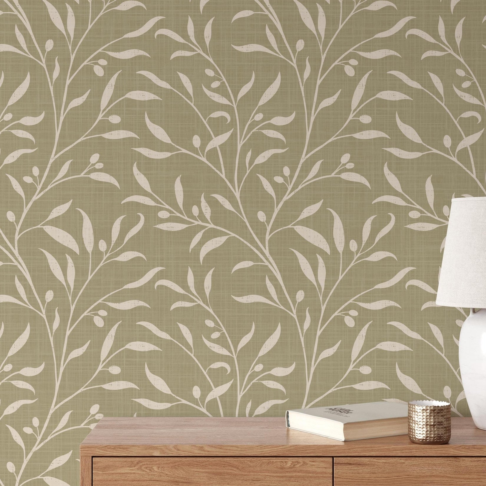 French Country Wallpaper shown in Removable Peel and Stick or Pre-pasted. This Olive Tree Leaf & Branches Green Botanical is great for cottagecore, mediterranean, or english country style Bedroom, Living Room, Entry, powder room or bathroom.