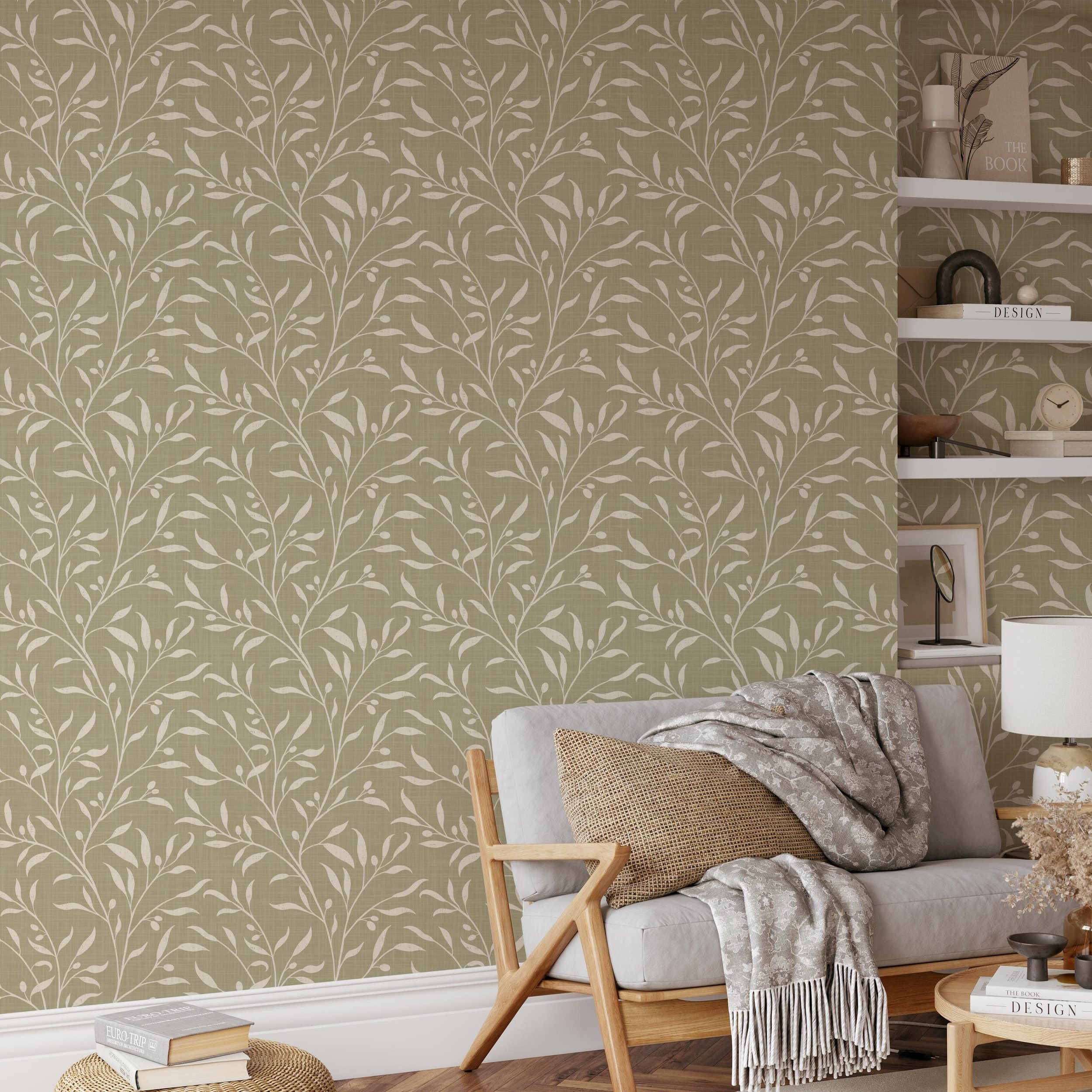 French Country Wallpaper shown in Removable Peel and Stick or Pre-pasted. This Olive Tree Leaf & Branches Green Botanical is great for cottagecore, mediterranean, or english country style Bedroom, Living Room, Entry, powder room or bathroom.
