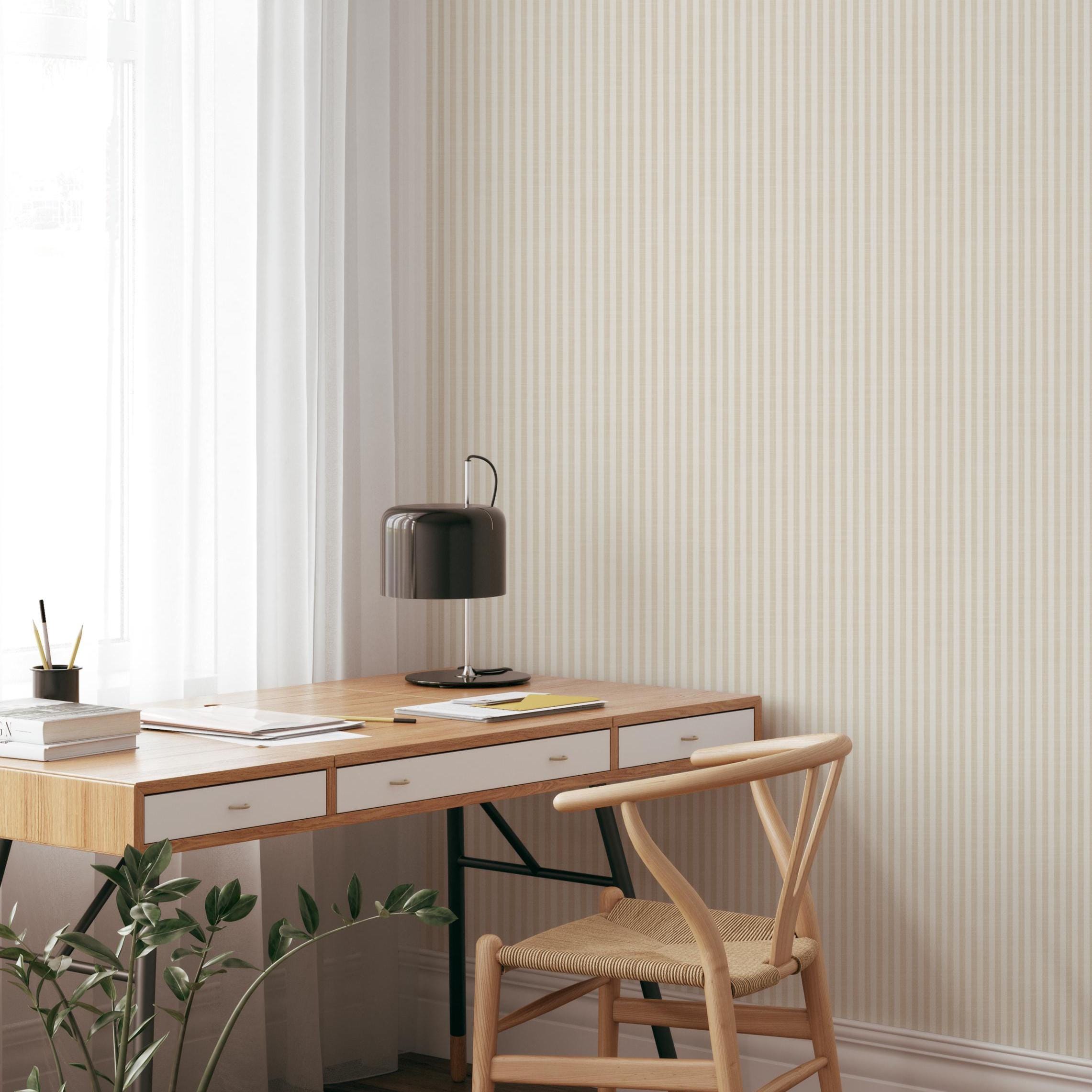 Beige and white vertical stripe wallpaper, minimalist neutral design, shown in renter friendly removable peel and stick or prepasted.