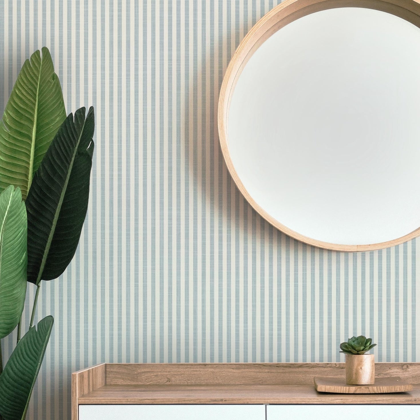 Wallpaper Peel and Stick Removable – Minimal Modern Coastal Light Blue and White Vertical Stripe – Ocean Nursery, Bathroom, Powder Room Wall