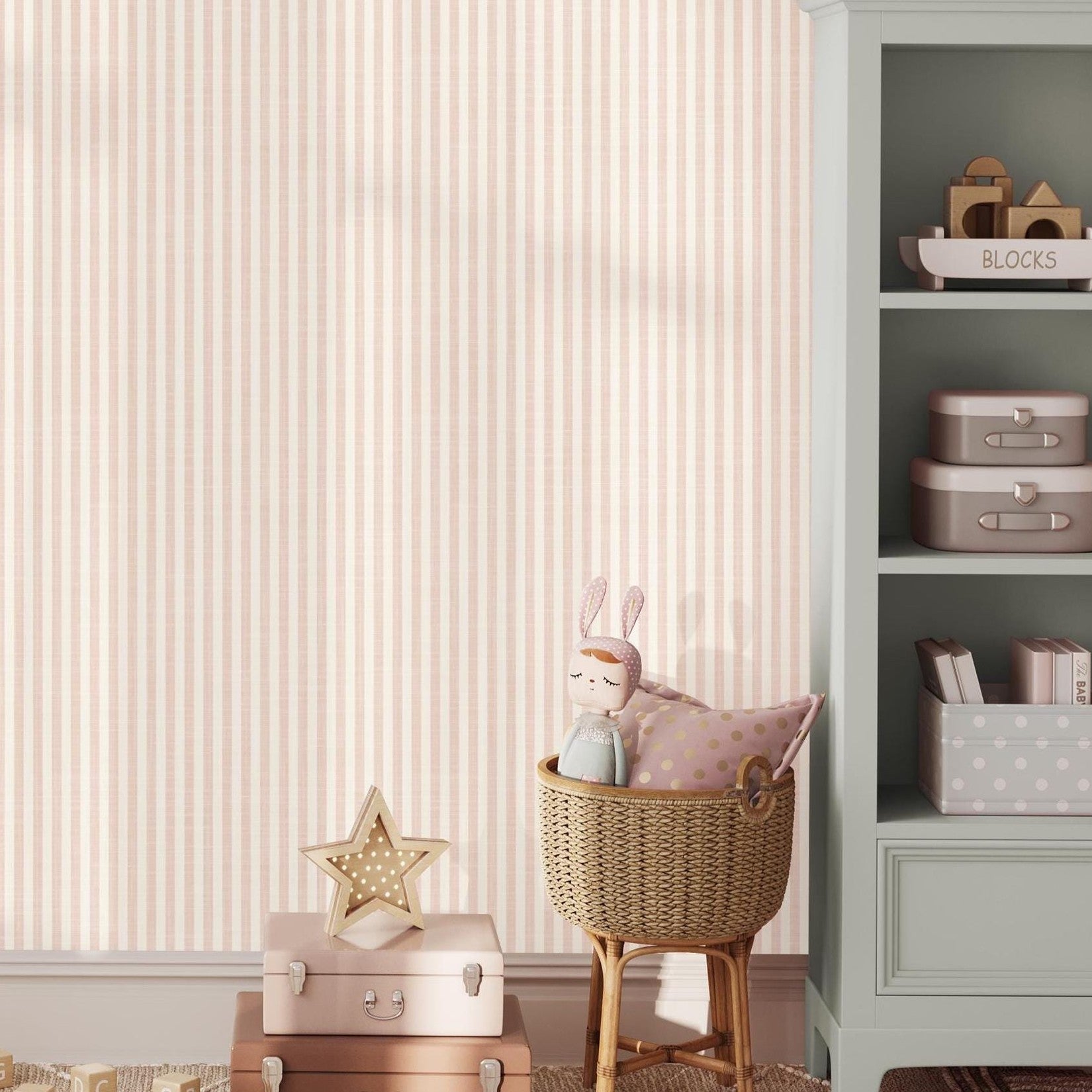 Farmhouse Stripe Wallpaper - Pink wallpaper available in peel and stick (removable), prepasted, and traditional nonpasted / unpasted