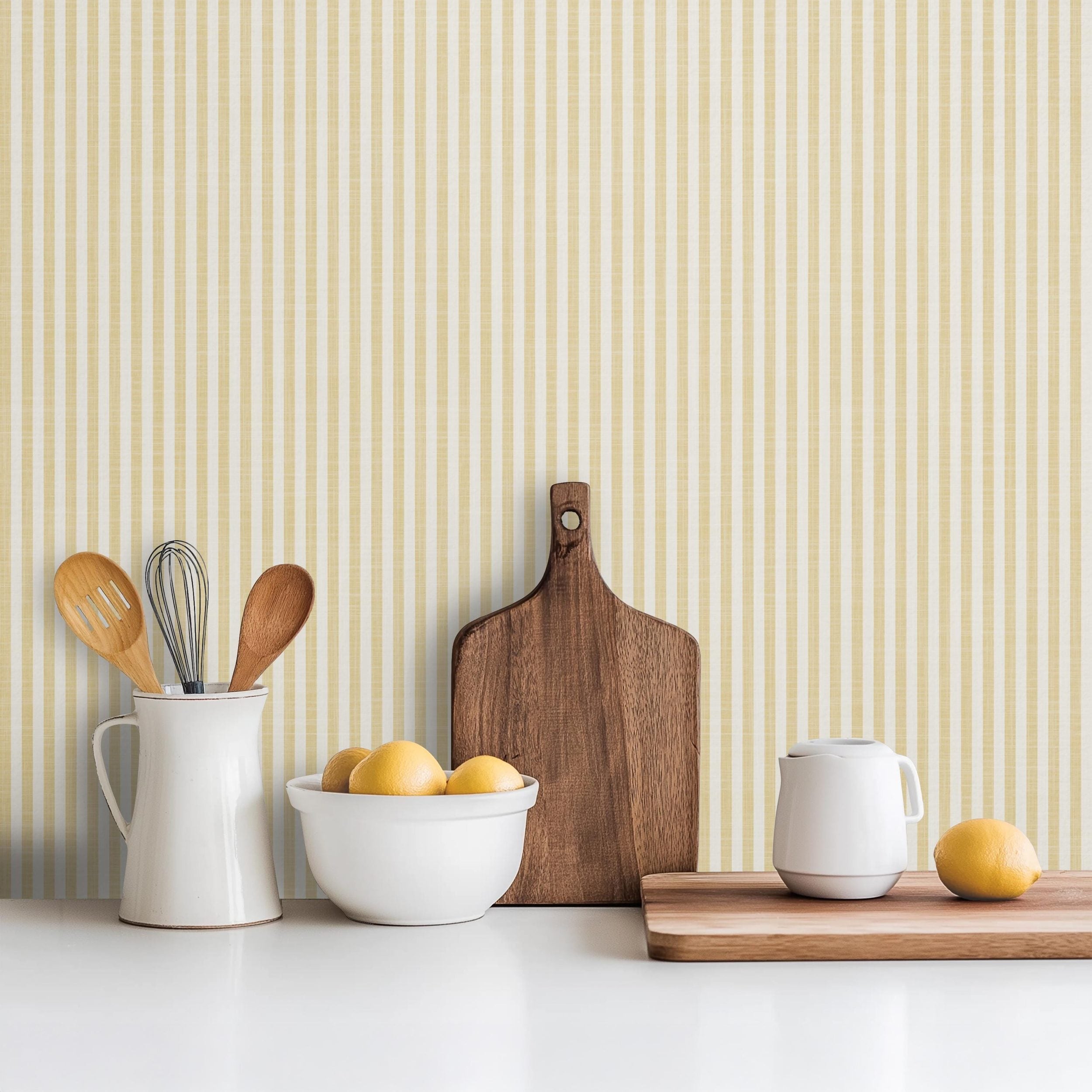 Farmhouse Stripe Wallpaper - Yellow wallpaper available in peel and stick (removable), prepasted, and traditional nonpasted / unpasted