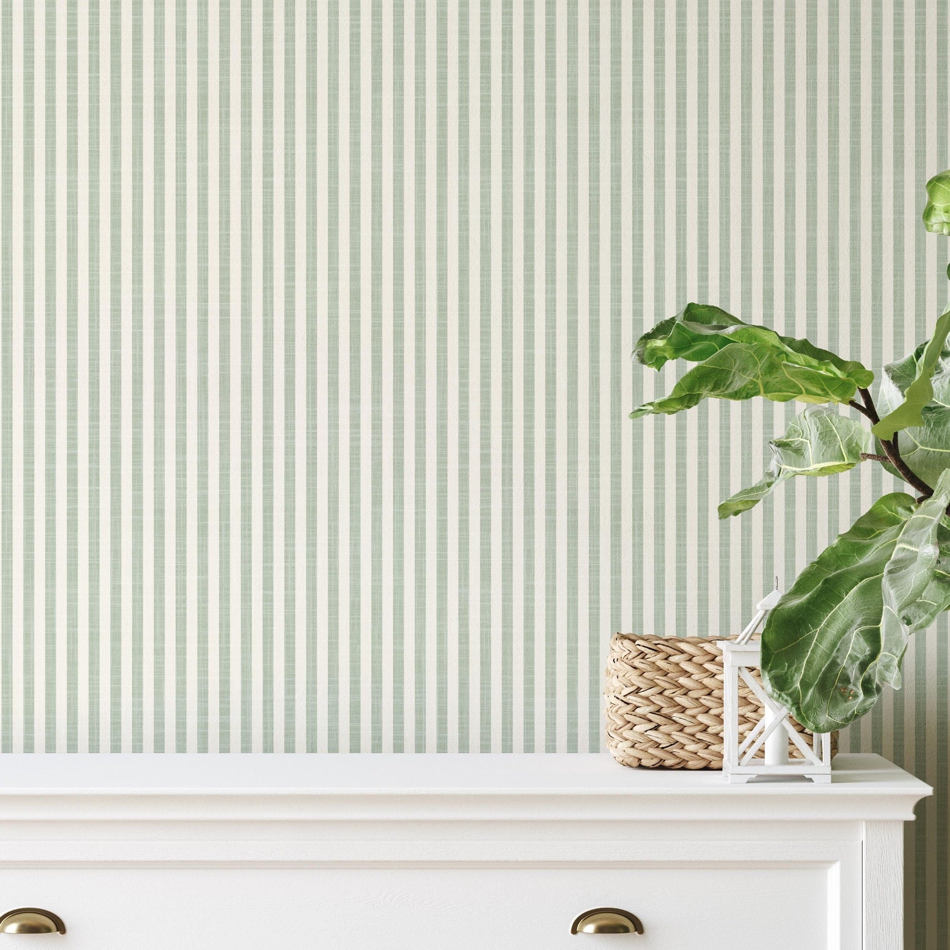 Cottage Stripe Wallpaper - Sage Green and White wallpaper available in peel and stick (removable), prepasted, and traditional nonpasted / unpasted