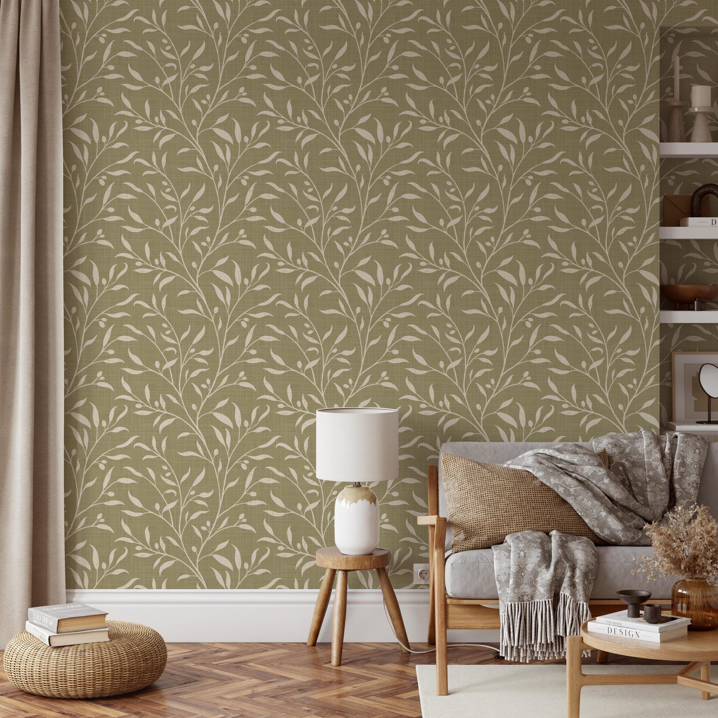 French Country Wallpaper shown in Removable Peel and Stick or Pre-pasted. This Olive Tree Leaf & Branches Green Botanical is great for cottagecore, mediterranean, or english country style Bedroom, Living Room, Entry, powder room or bathroom.