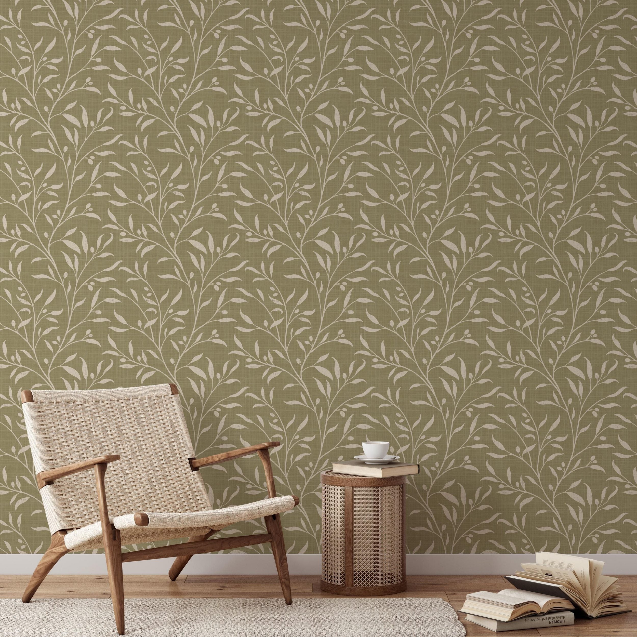 French Country Wallpaper shown in Removable Peel and Stick or Pre-pasted. This Olive Tree Leaf & Branches Green Botanical is great for cottagecore, mediterranean, or english country style Bedroom, Living Room, Entry, powder room or bathroom.