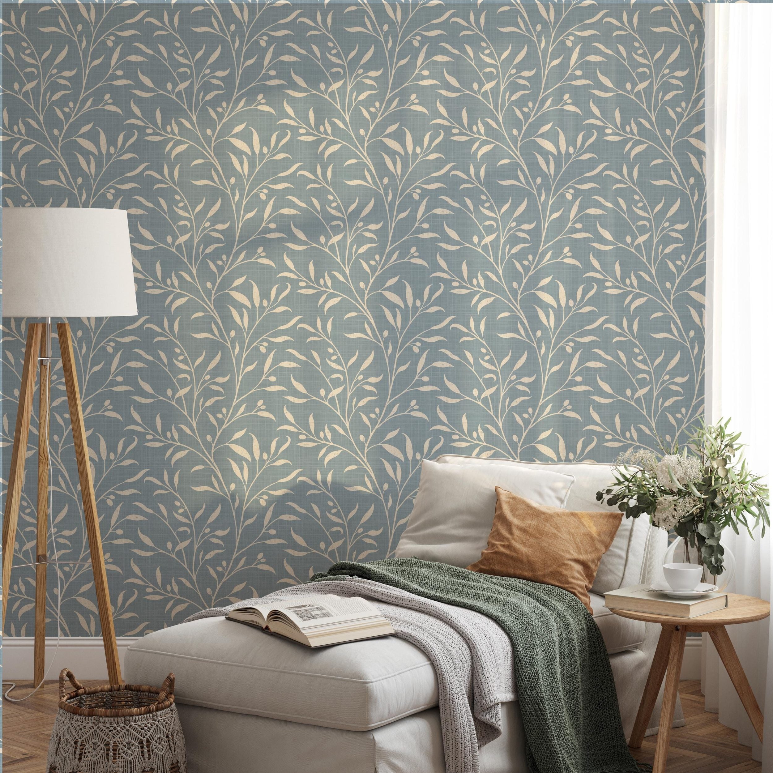 French Country Wallpaper shown in Removable Peel and Stick or Pre-pasted. This Olive Tree Leaf & Branches blue botanical is great for cottagecore, mediterranean, or english country style Bedroom, Living Room, Entry, powder room or bathroom.
