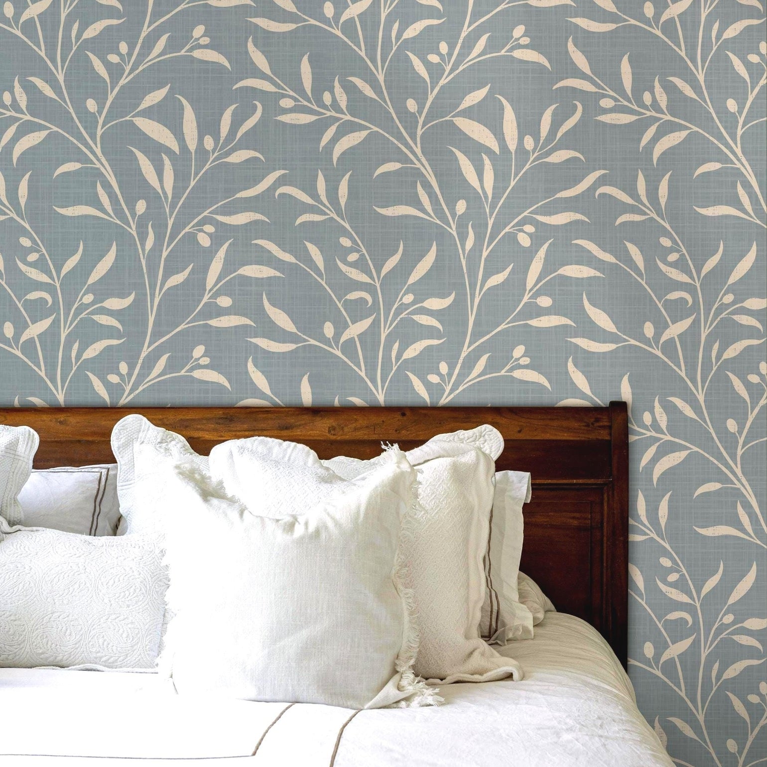 French Country Wallpaper shown in Removable Peel and Stick or Pre-pasted. This Olive Tree Leaf & Branches blue botanical is great for cottagecore, mediterranean, or english country style Bedroom, Living Room, Entry, powder room or bathroom.