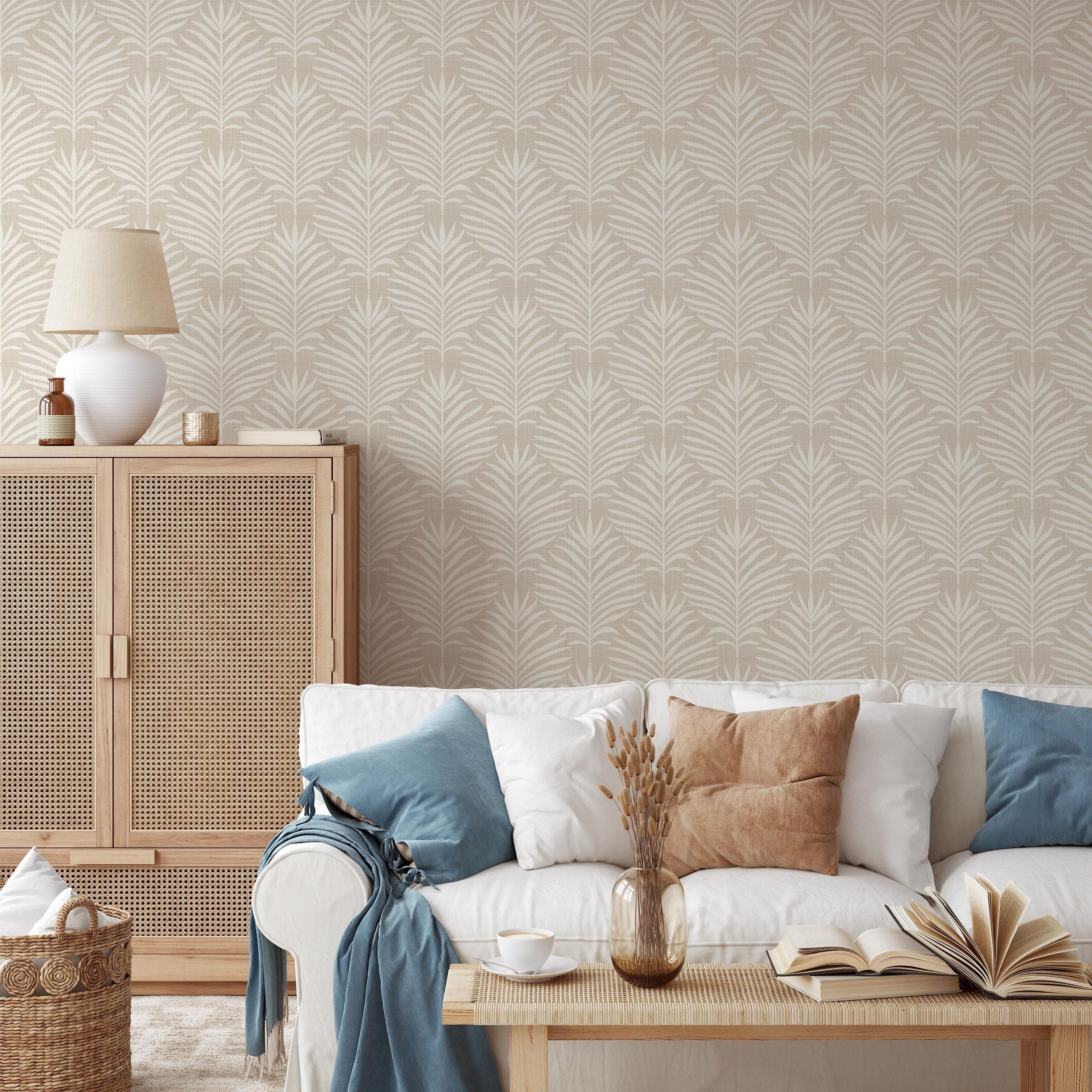 Palm Breeze Wallpaper - Neutral wallpaper available in peel and stick (removable), prepasted, and traditional nonpasted / unpasted