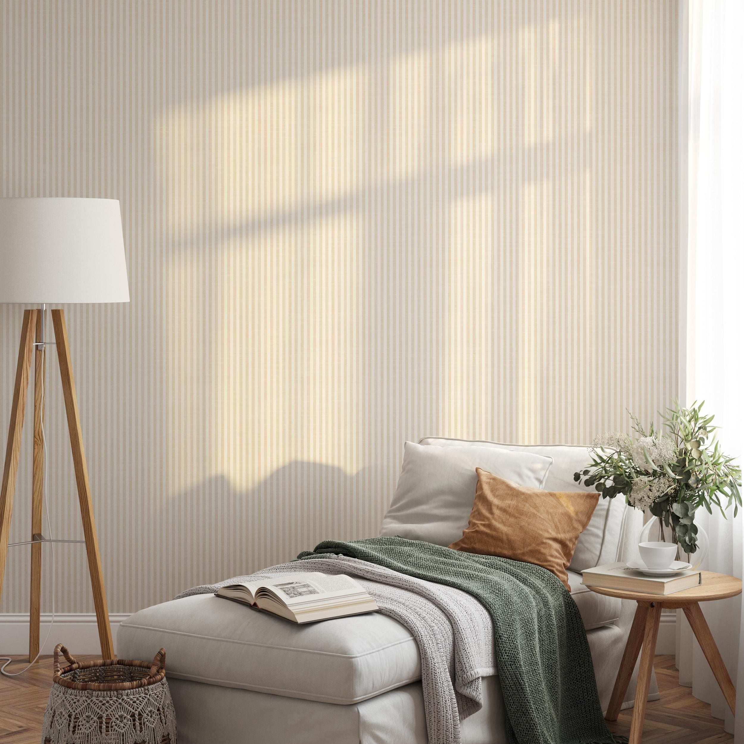 Beige and white vertical stripe wallpaper, minimalist neutral design, shown in renter friendly removable peel and stick or prepasted.