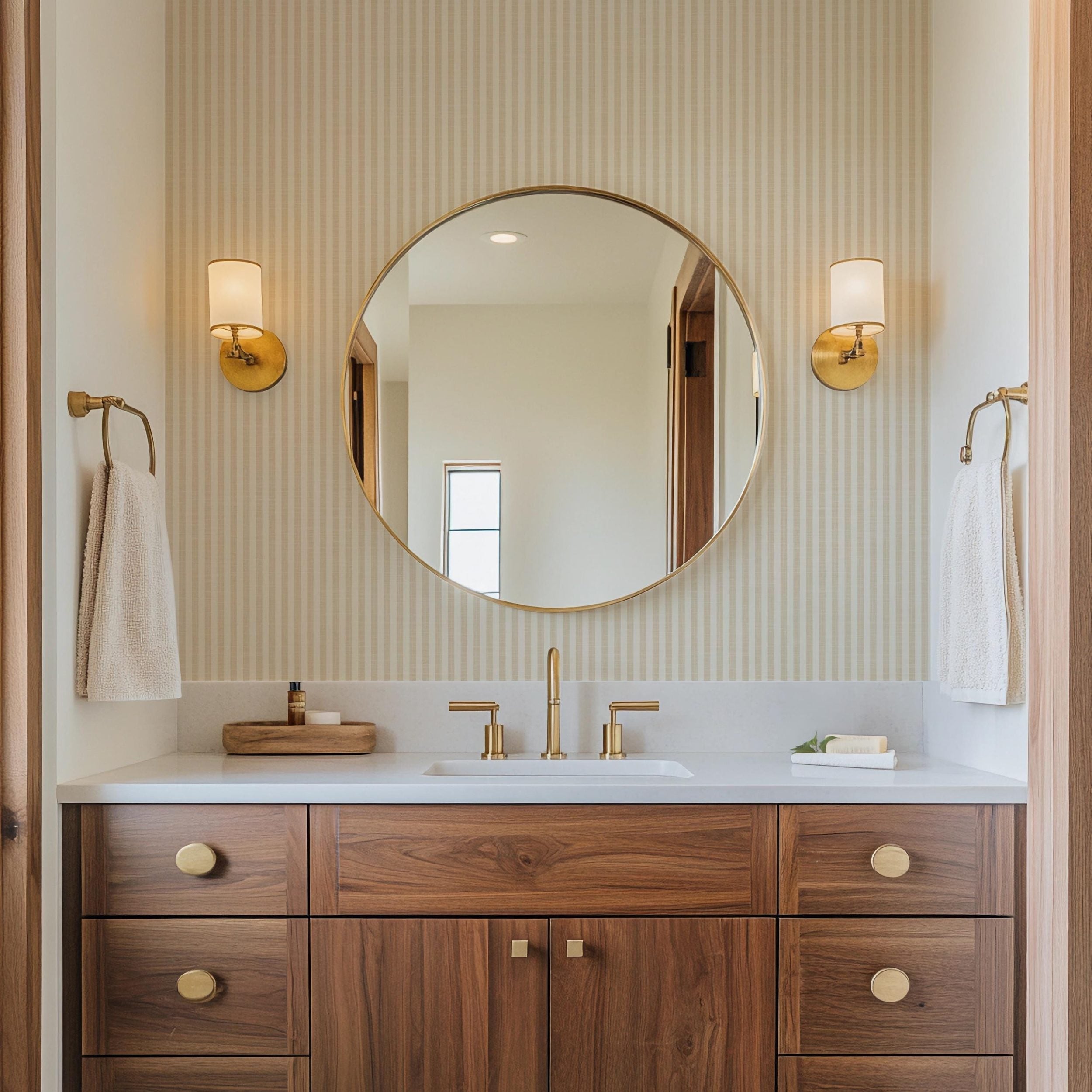 Beige and white vertical stripe wallpaper, minimalist neutral design, shown in renter friendly removable peel and stick or prepasted.