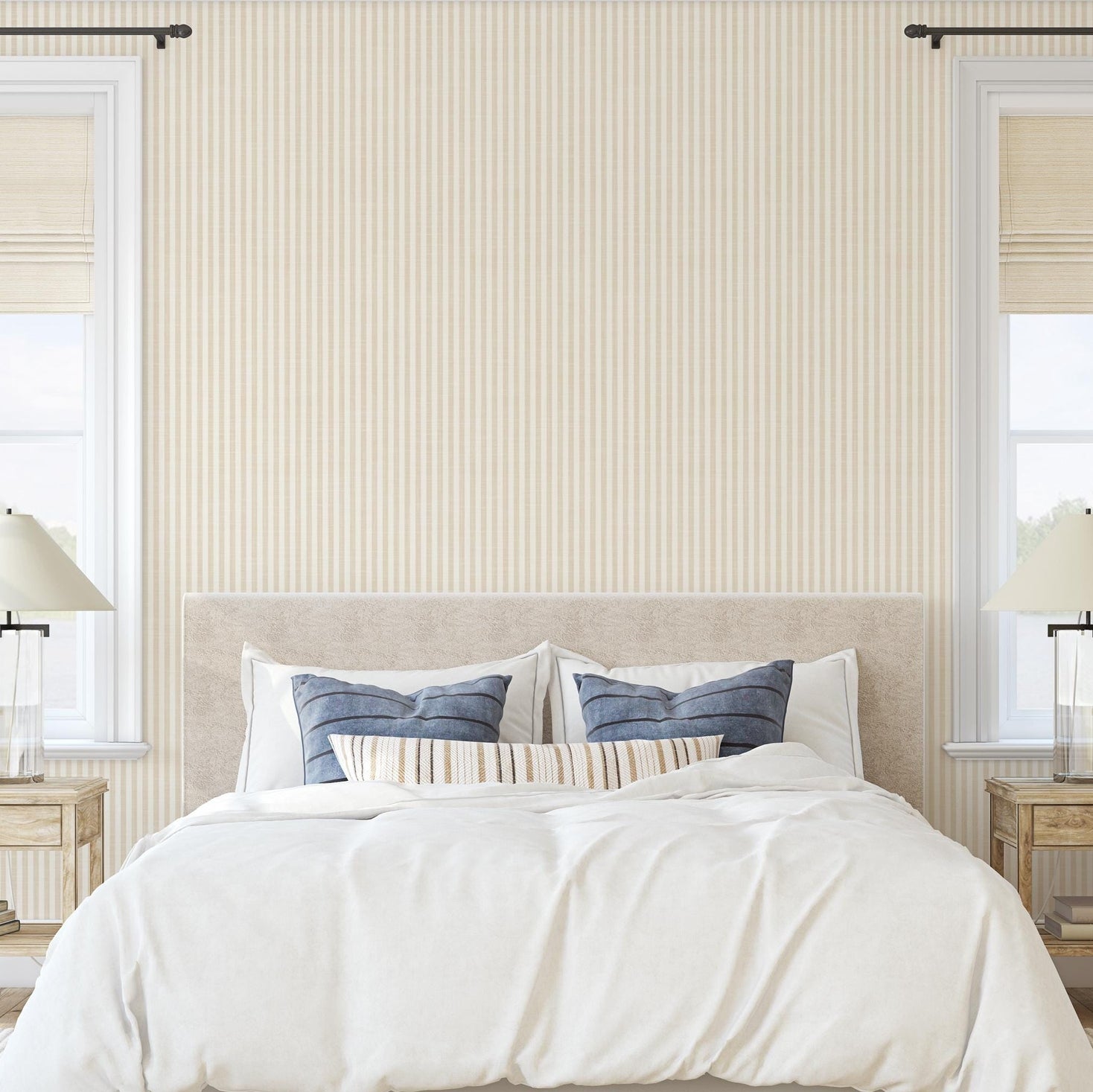 Beige and white vertical stripe wallpaper, minimalist neutral design, shown in renter friendly removable peel and stick or prepasted.