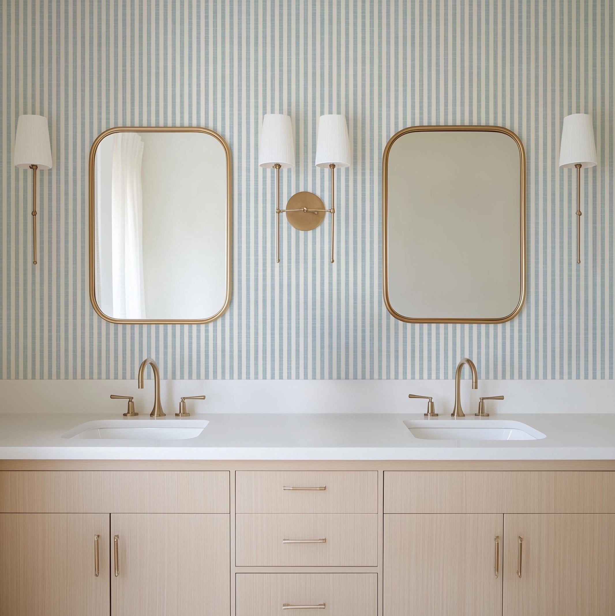 Farmhouse Stripe Wallpaper - Blue wallpaper available in peel and stick (removable), prepasted, and traditional nonpasted / unpasted