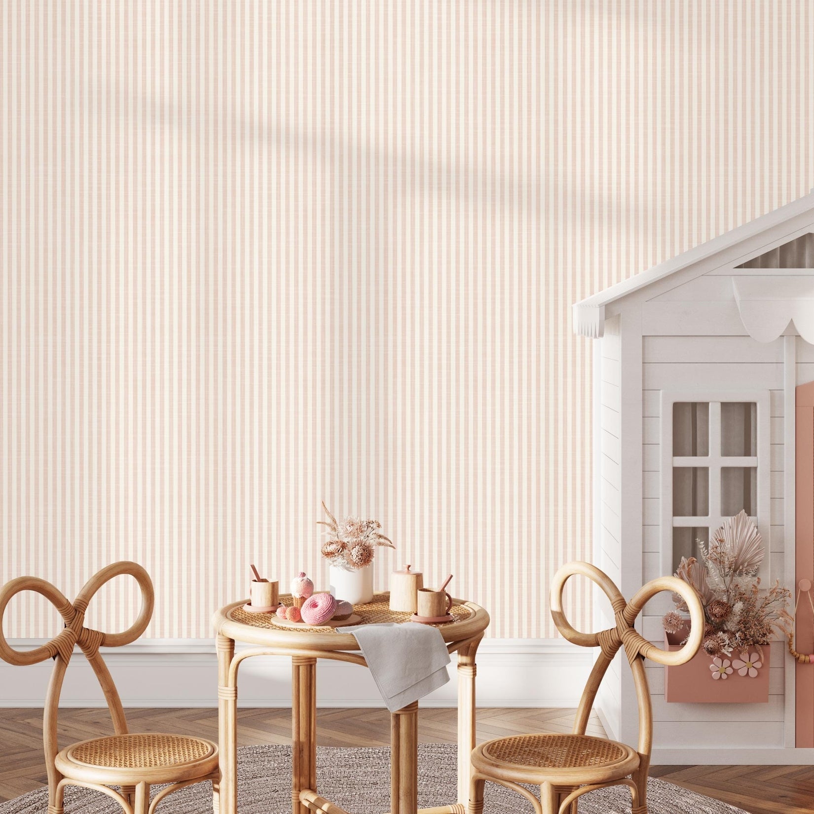 Farmhouse Stripe Wallpaper - Pink wallpaper available in peel and stick (removable), prepasted, and traditional nonpasted / unpasted