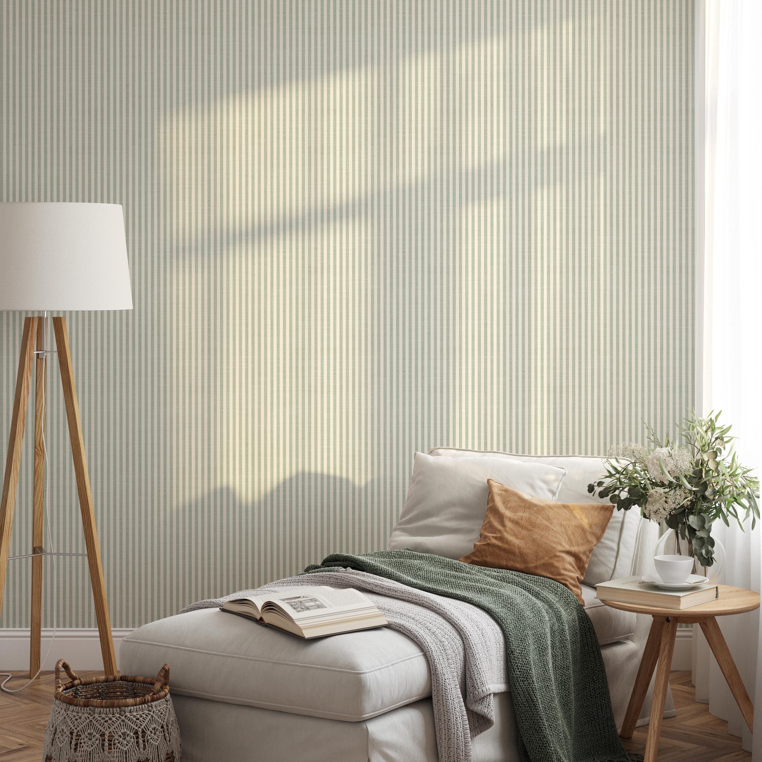 Cottage Stripe Wallpaper - Sage Green and White wallpaper available in peel and stick (removable), prepasted, and traditional nonpasted / unpasted