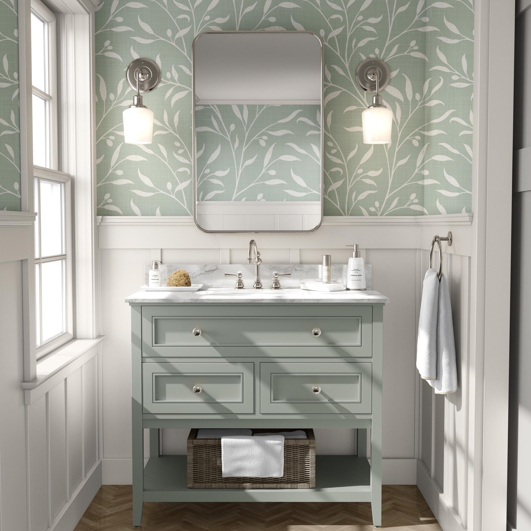 sage green olive botanical wallpaper shown in peel and stick or prepasted removable. A french country or cottagecore style design for a vintage nursery, bathroom, powder room, dining room, entry or living room.