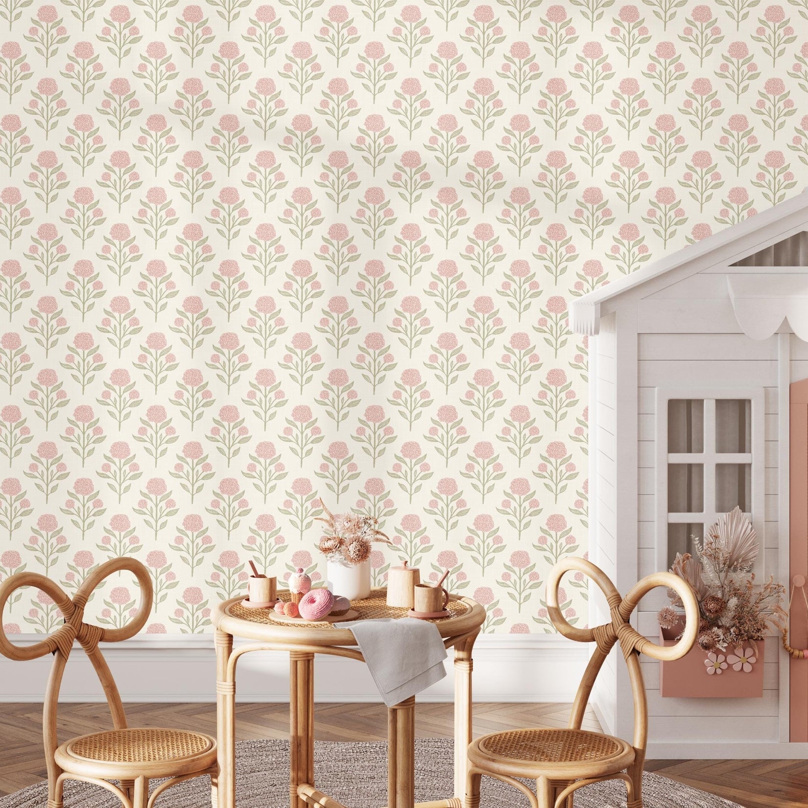 Wallpaper Pink and white French Country shown in Removable Peel and Stick or prepasted. Cute Vintage Floral, with Renter Friendly options for Baby Girl Nursery, Toddler Room, Tween Teen room or dorm decor