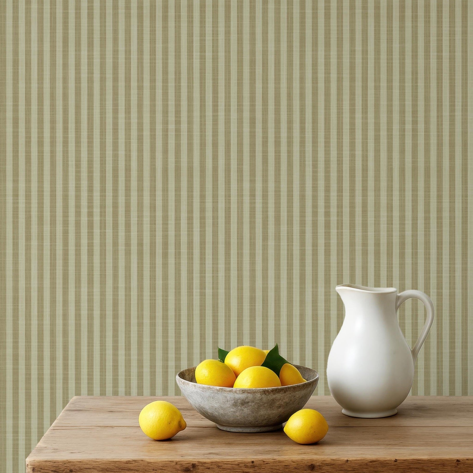 Olive and Sage Green Striped Wallpaper Peel and Stick Removable for Vintage French Country Cottage & Cottagecore Interiors for Boys Nursery, Kids room, toddler room, living room wall, powder or bathroom, dining room, office, or accent wall.