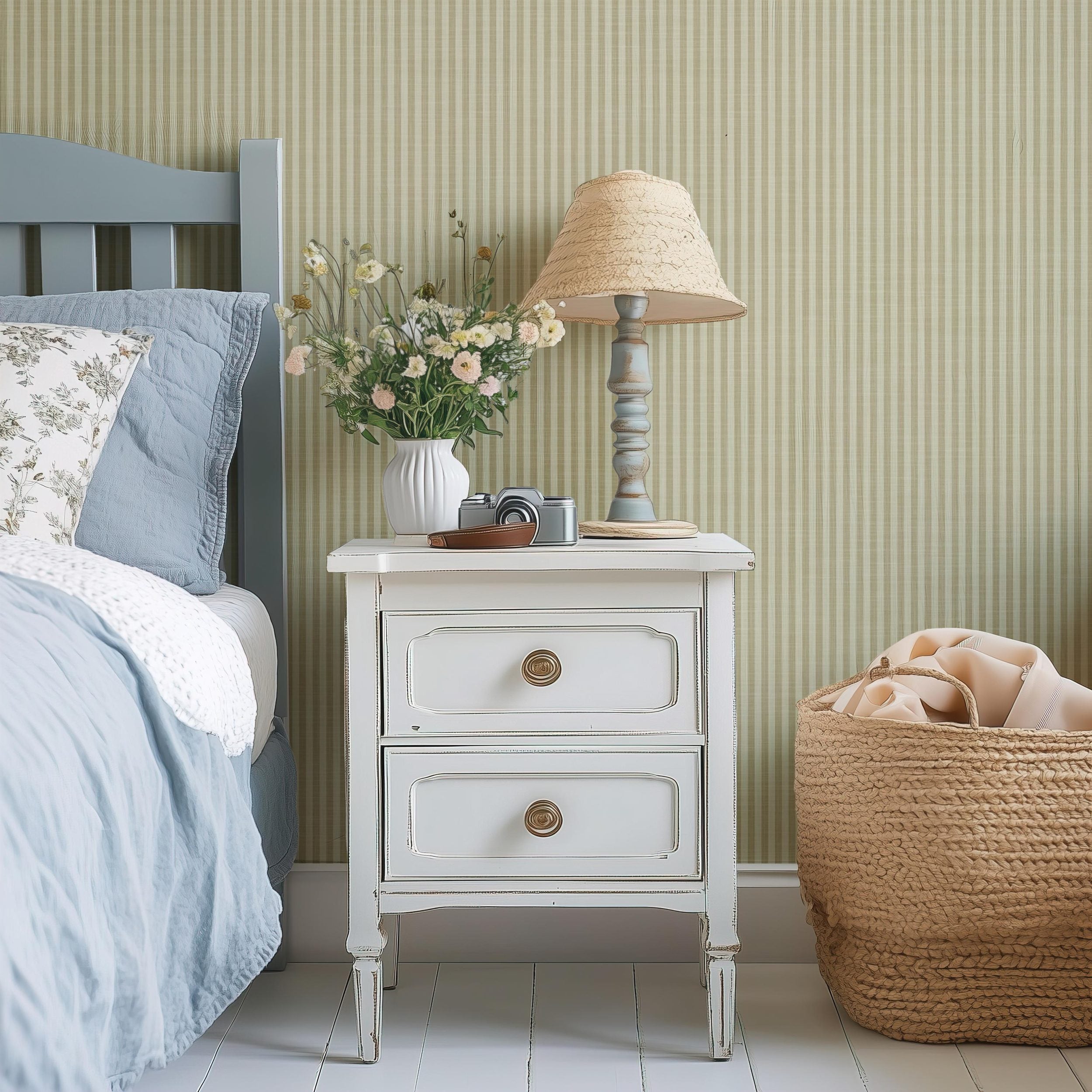 Olive and Sage Green Striped Wallpaper Peel and Stick Removable for Vintage French Country Cottage & Cottagecore Interiors for Boys Nursery, Kids room, toddler room, living room wall, powder or bathroom, dining room, office, or accent wall.