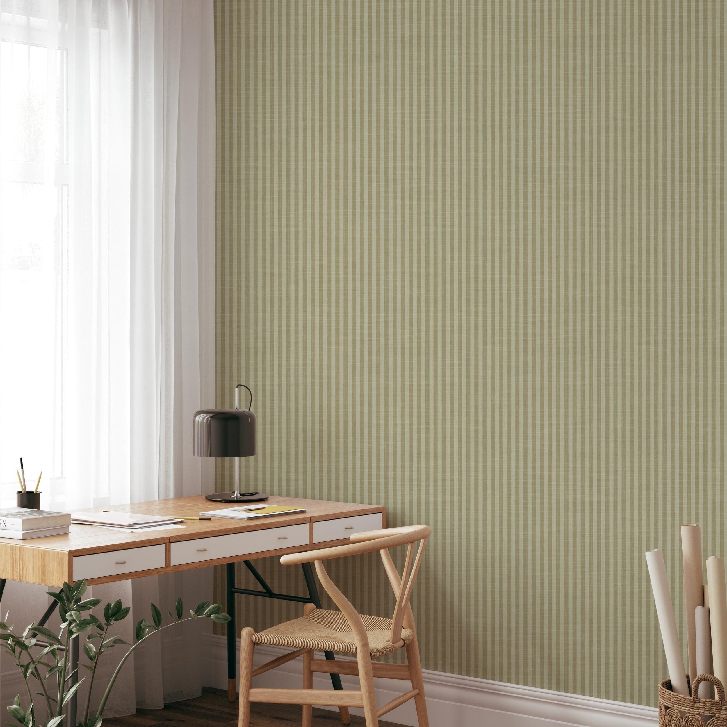 Olive and Sage Green Striped Wallpaper Peel and Stick Removable for Vintage French Country Cottage & Cottagecore Interiors for Boys Nursery, Kids room, toddler room, living room wall, powder or bathroom, dining room, office, or accent wall.