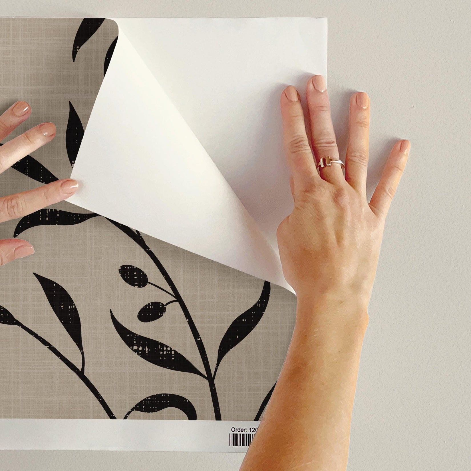 Mediterranean Wallpaper Removable Peel and Stick. Olive Tree Leaf & Branches Cream Beige Black Botanical. Vintage heritage revival print for Bedroom, Powder Room, dining room, entryway or living room walls.