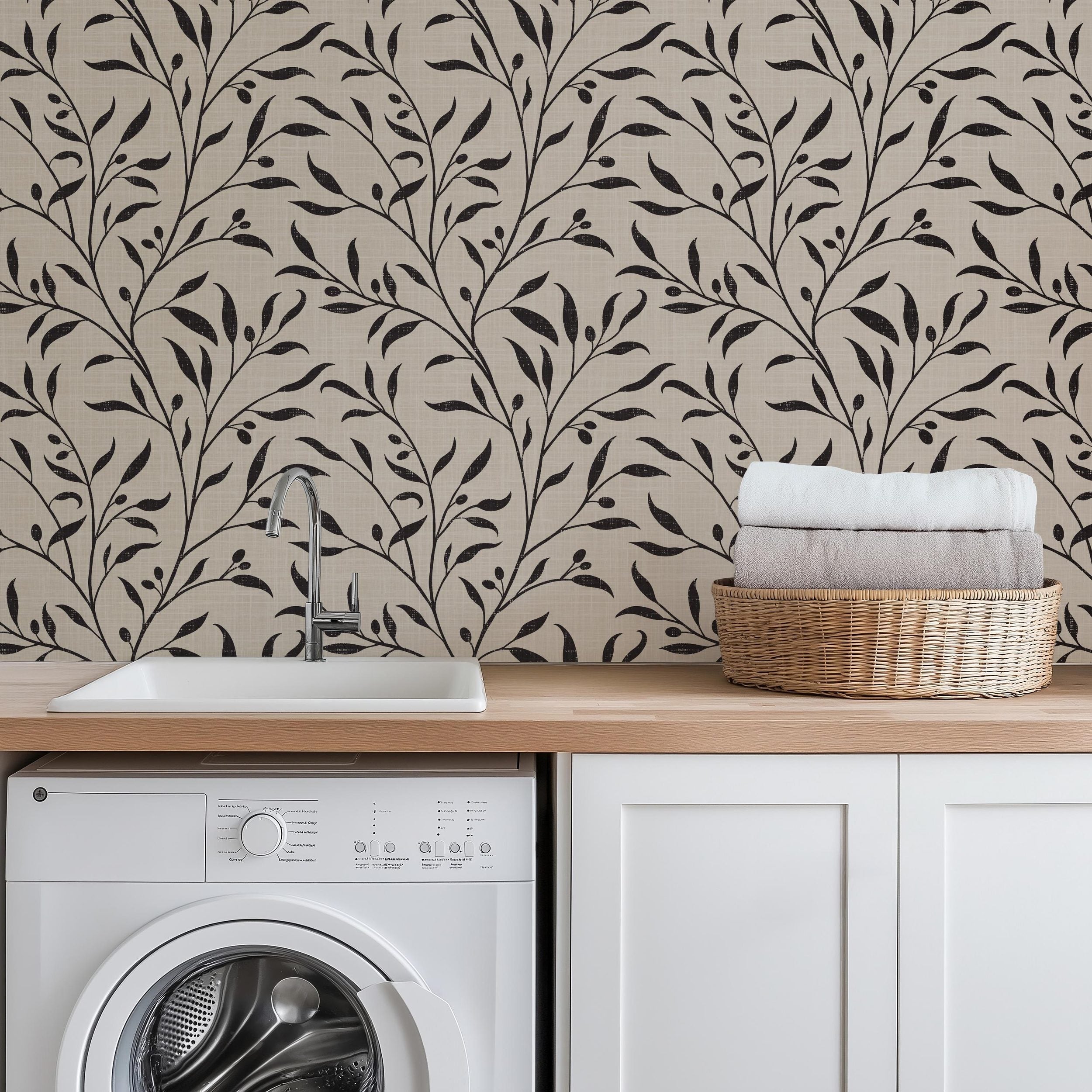 Mediterranean Wallpaper Removable Peel and Stick. Olive Tree Leaf & Branches Cream Beige Black Botanical. Vintage heritage revival print for Bedroom, Powder Room, dining room, entryway or living room walls.