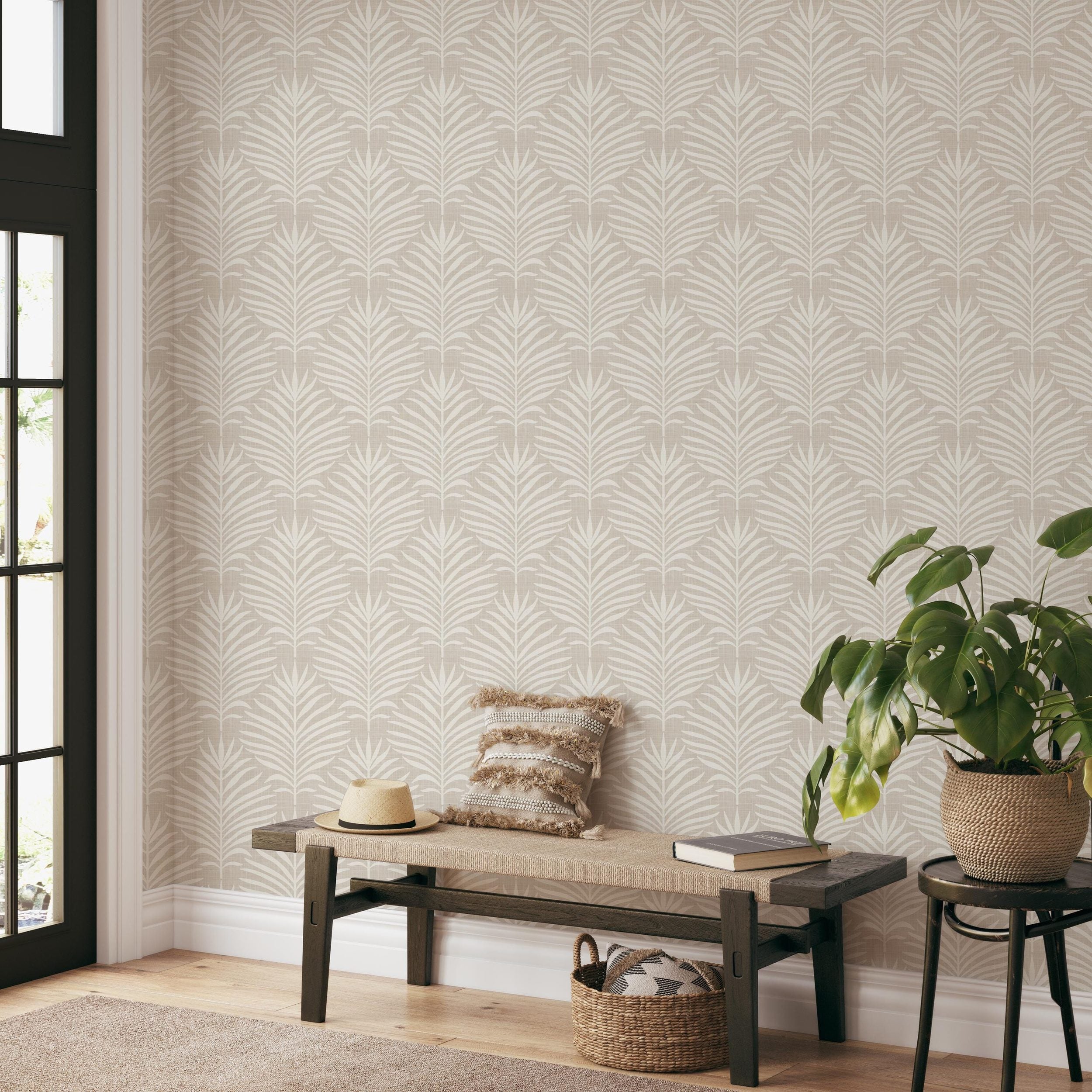 Palm Breeze Wallpaper - Neutral wallpaper available in peel and stick (removable), prepasted, and traditional nonpasted / unpasted
