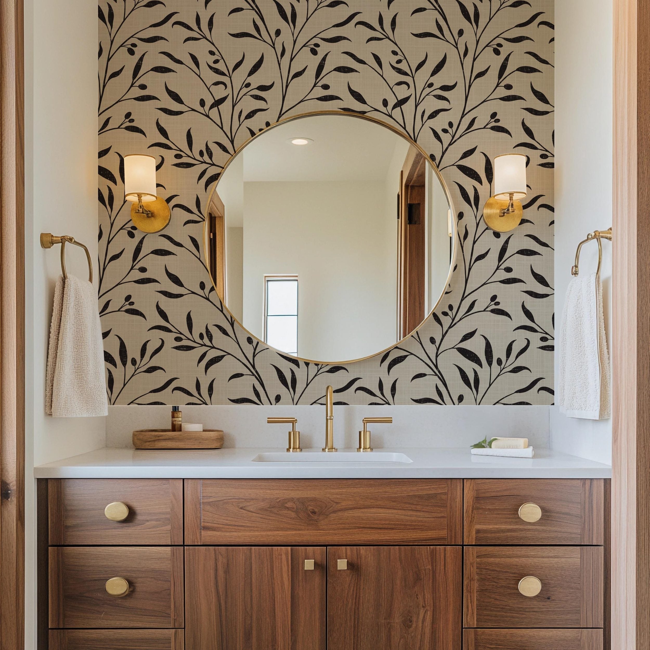 Mediterranean Wallpaper Removable Peel and Stick. Olive Tree Leaf & Branches Cream Beige Black Botanical. Vintage heritage revival print for Bedroom, Powder Room, dining room, entryway or living room walls.