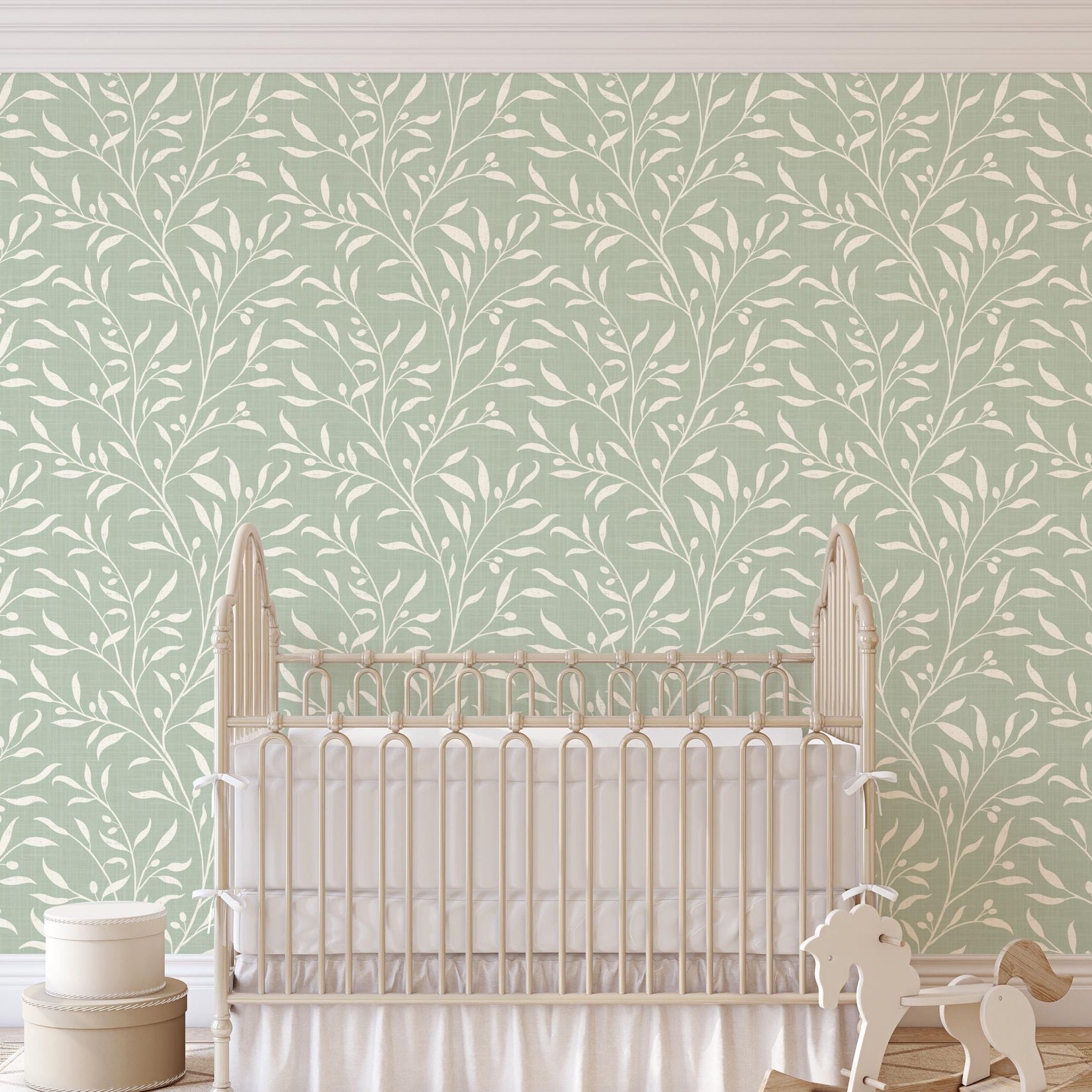 sage green olive botanical wallpaper shown in peel and stick or prepasted removable. A french country or cottagecore style design for a vintage nursery, bathroom, powder room, dining room, entry or living room.