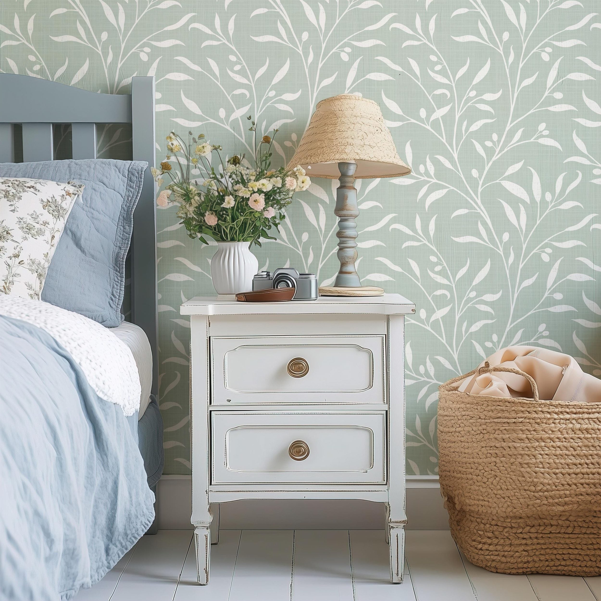 sage green olive botanical wallpaper shown in peel and stick or prepasted removable. A french country or cottagecore style design for a vintage nursery, bathroom, powder room, dining room, entry or living room.