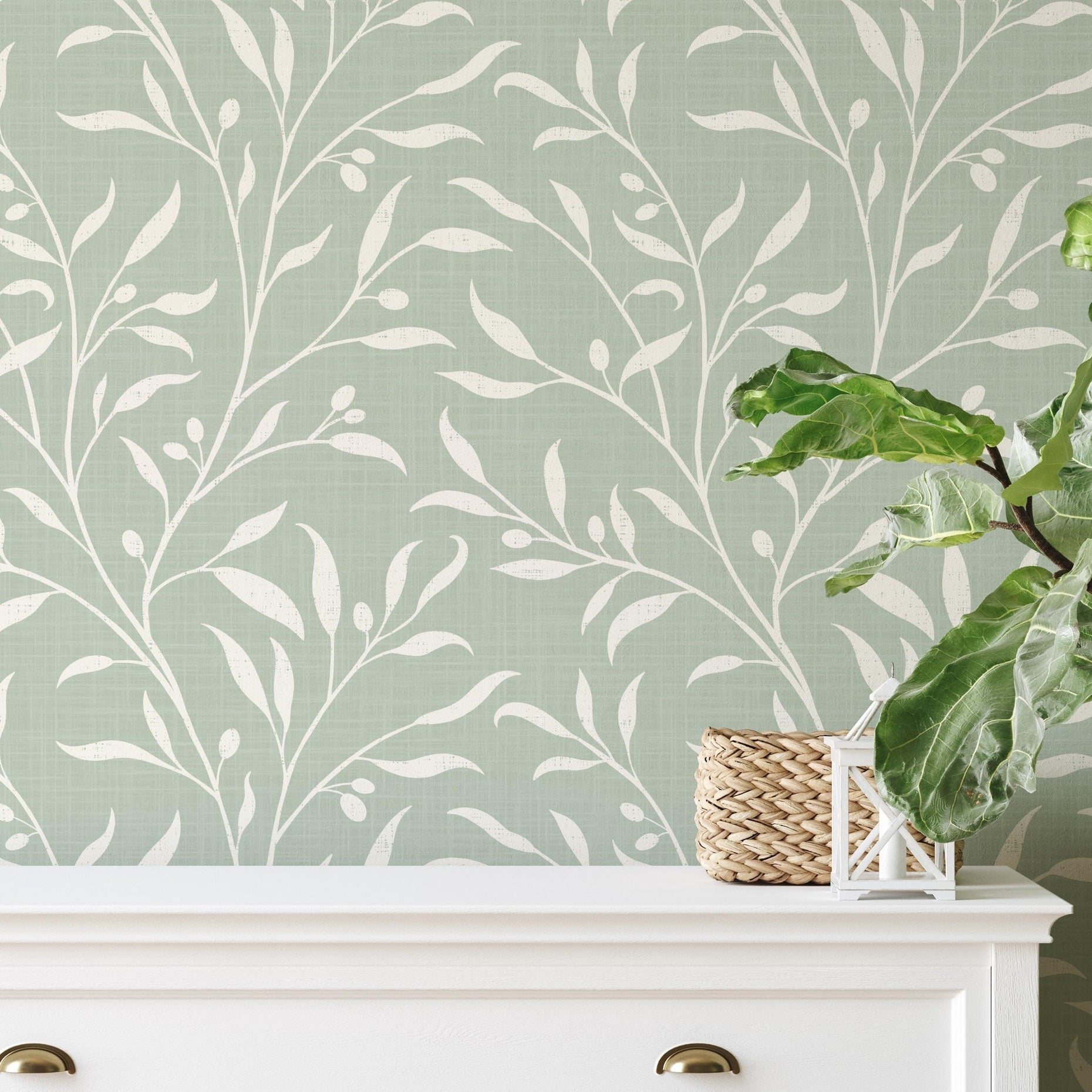sage green olive botanical wallpaper shown in peel and stick or prepasted removable. A french country or cottagecore style design for a vintage nursery, bathroom, powder room, dining room, entry or living room.