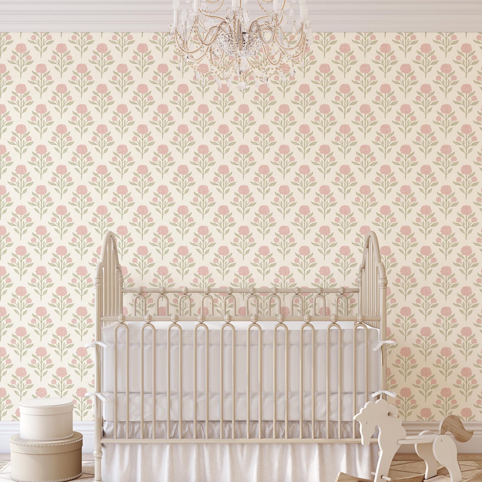Wallpaper Pink and white French Country shown in Removable Peel and Stick or prepasted. Cute Vintage Floral, with Renter Friendly options for Baby Girl Nursery, Toddler Room, Tween Teen room or dorm decor