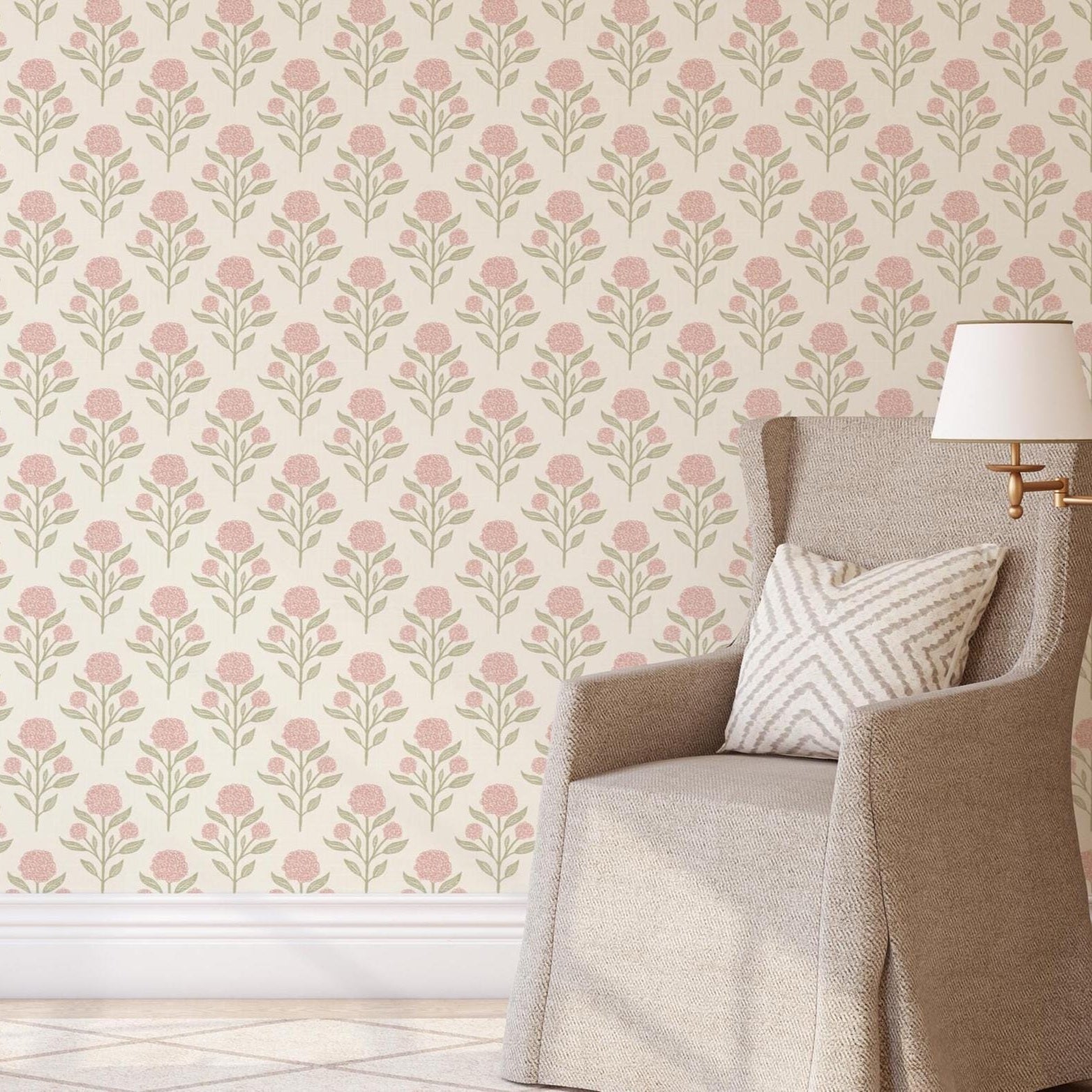 Wallpaper Pink and white French Country shown in Removable Peel and Stick or prepasted. Cute Vintage Floral, with Renter Friendly options for Baby Girl Nursery, Toddler Room, Tween Teen room or dorm decor