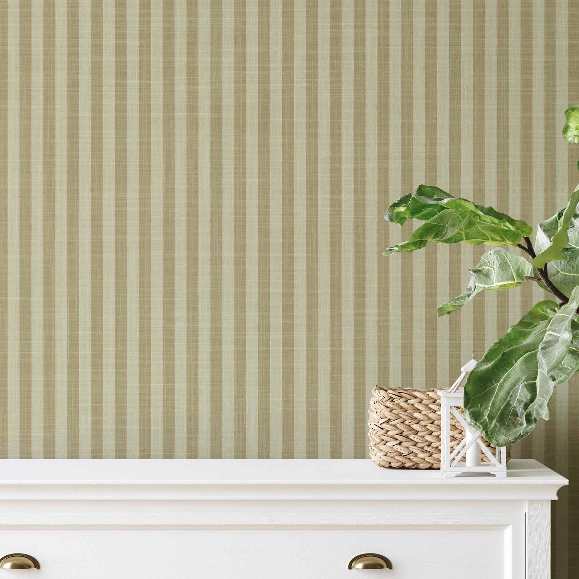 Olive and Sage Green Striped Wallpaper Peel and Stick Removable for Vintage French Country Cottage & Cottagecore Interiors for Boys Nursery, Kids room, toddler room, living room wall, powder or bathroom, dining room, office, or accent wall.