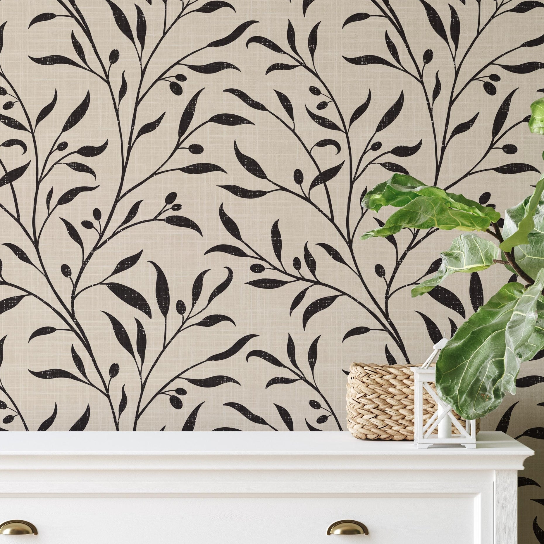 Mediterranean Wallpaper Removable Peel and Stick. Olive Tree Leaf & Branches Cream Beige Black Botanical. Vintage heritage revival print for Bedroom, Powder Room, dining room, entryway or living room walls.