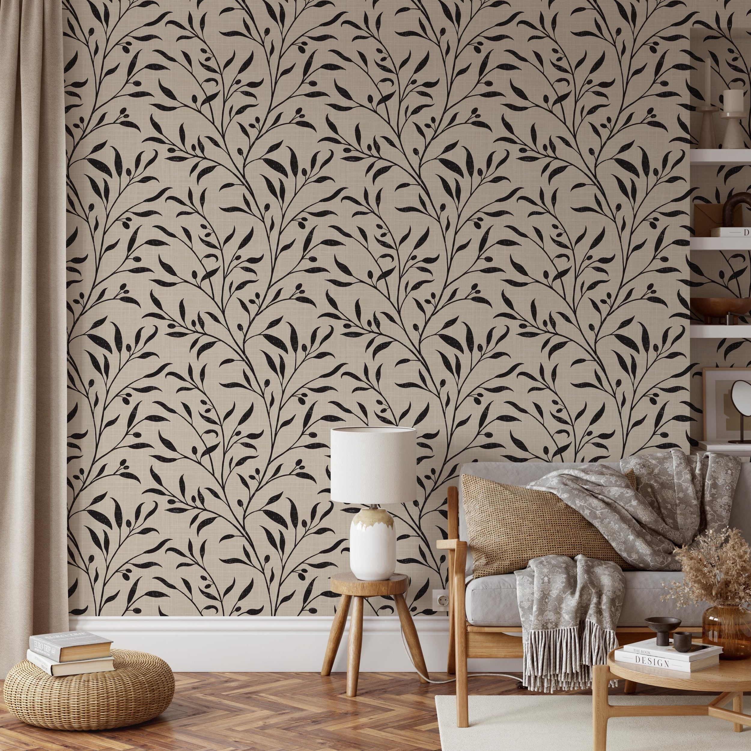 Mediterranean Wallpaper Removable Peel and Stick. Olive Tree Leaf & Branches Cream Beige Black Botanical. Vintage heritage revival print for Bedroom, Powder Room, dining room, entryway or living room walls.