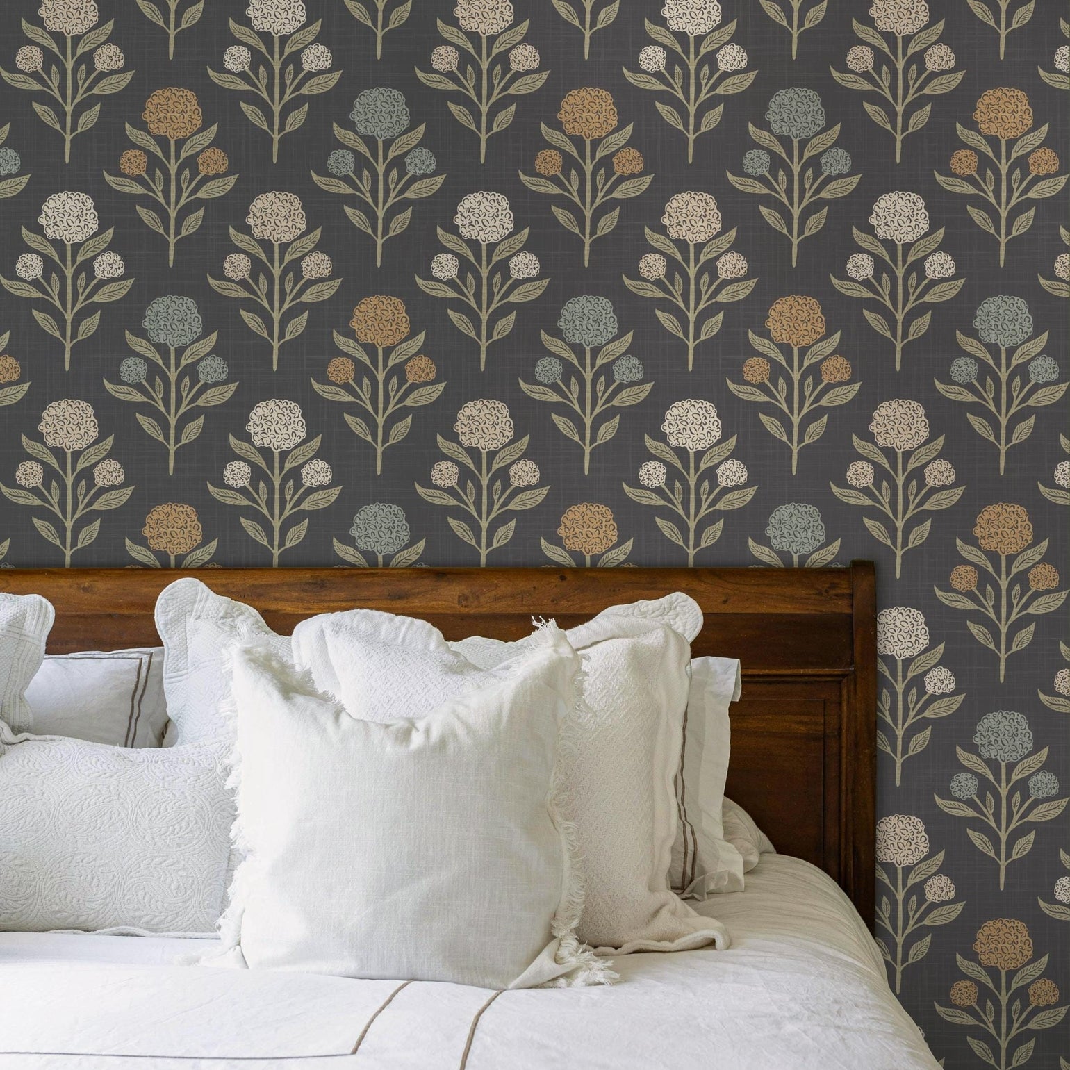 Heritage Revival Dark Floral Gothic Black Wallpaper shown in prepasted or peel and stick removable, diy, renter friendly for powder room, bathroom, entryway, hallway, office, or dramatic statement wall.