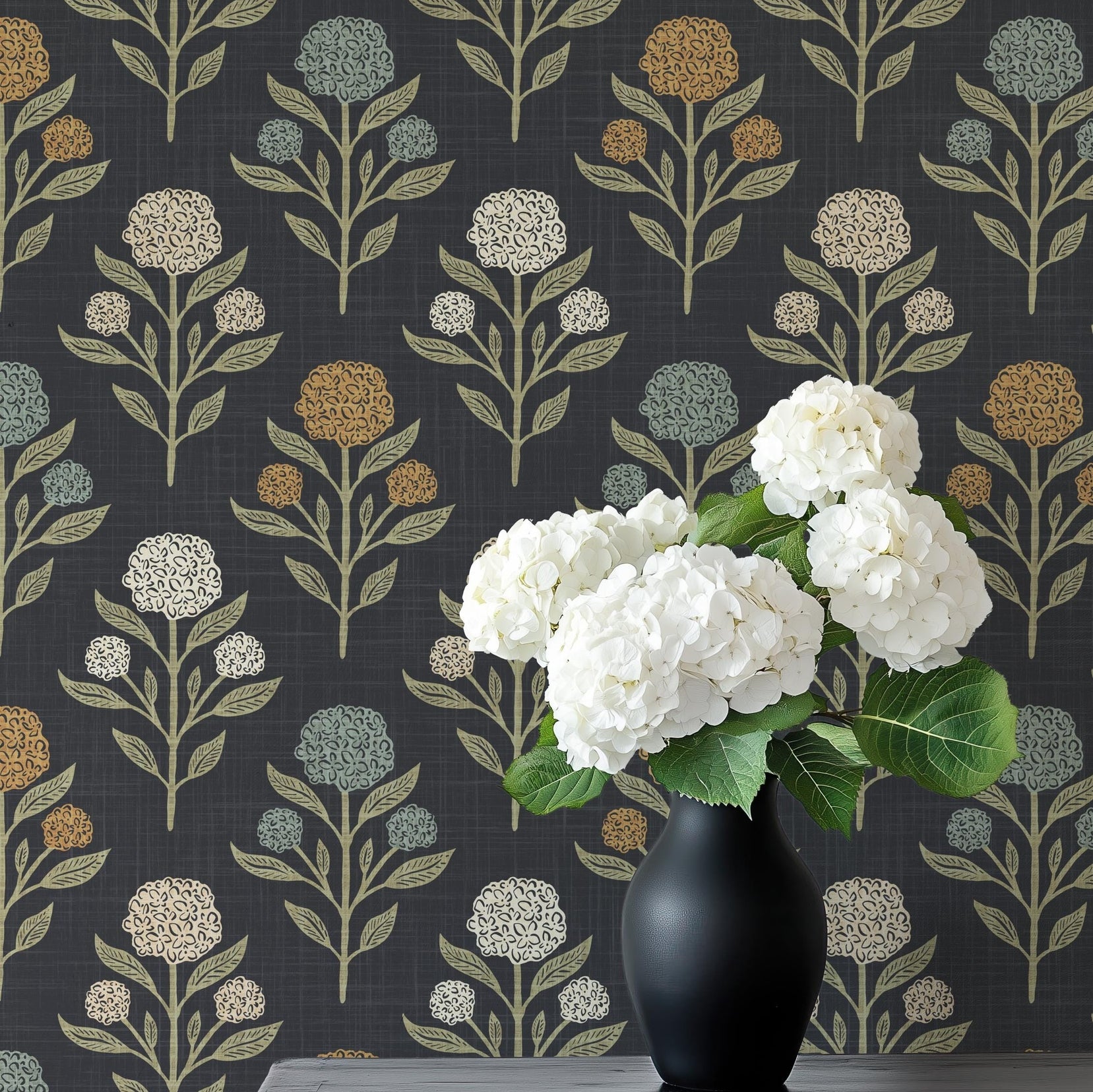Heritage Revival Dark Floral Gothic Black Wallpaper shown in prepasted or peel and stick removable, diy, renter friendly for powder room, bathroom, entryway, hallway, office, or dramatic statement wall.