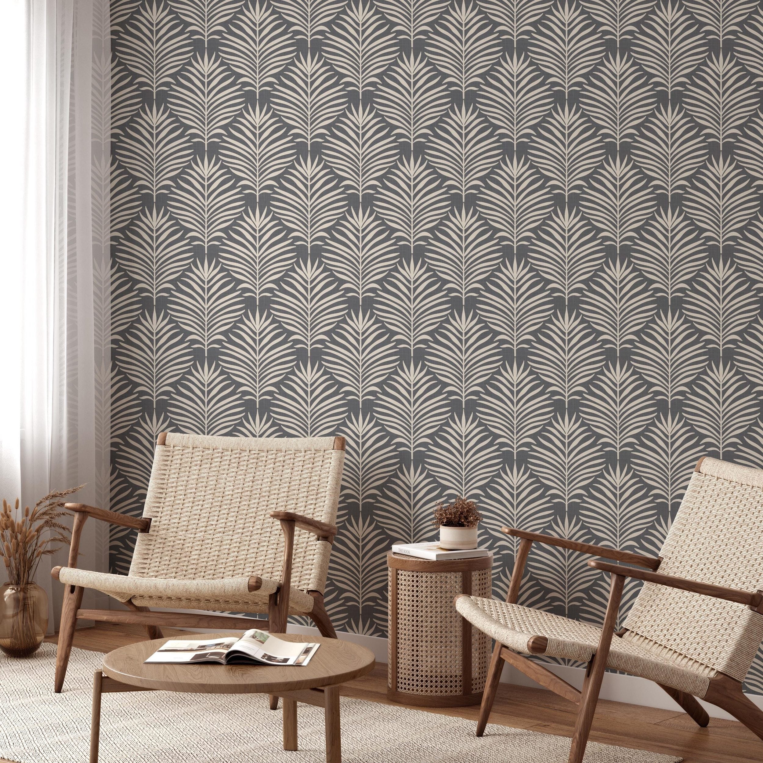 Boho tropical wallpaper shown in peel and stick and prepasted options. Neutral black dark moody botanical palm leaf design for bathroom, powder room, office, living room, dining room, laundry room, and entryway. Renter friendly and removable coastal minimalist look.
