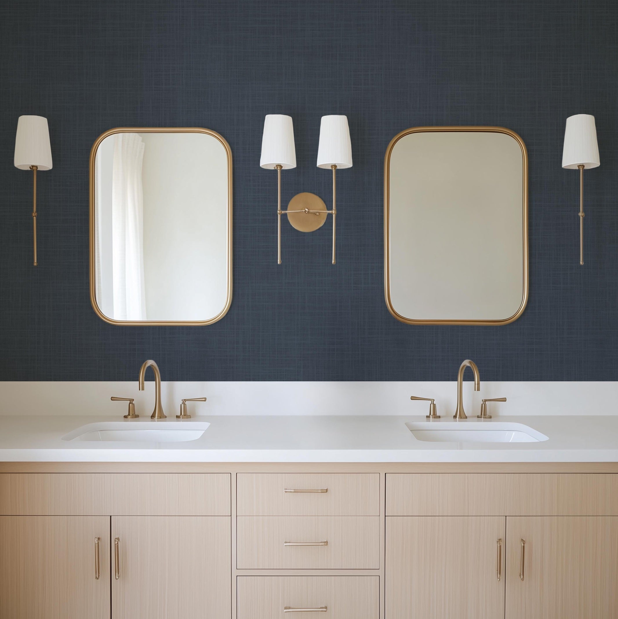 Dark Navy Blue Modern Coastal Farmhouse Solid Color Wallpaper, shown in Removable Peel and Stick or Prepasted. Perfect for Bedroom, Dining Room, Powder Room, Bathroom, Boys Room, and Teen Bedroom.