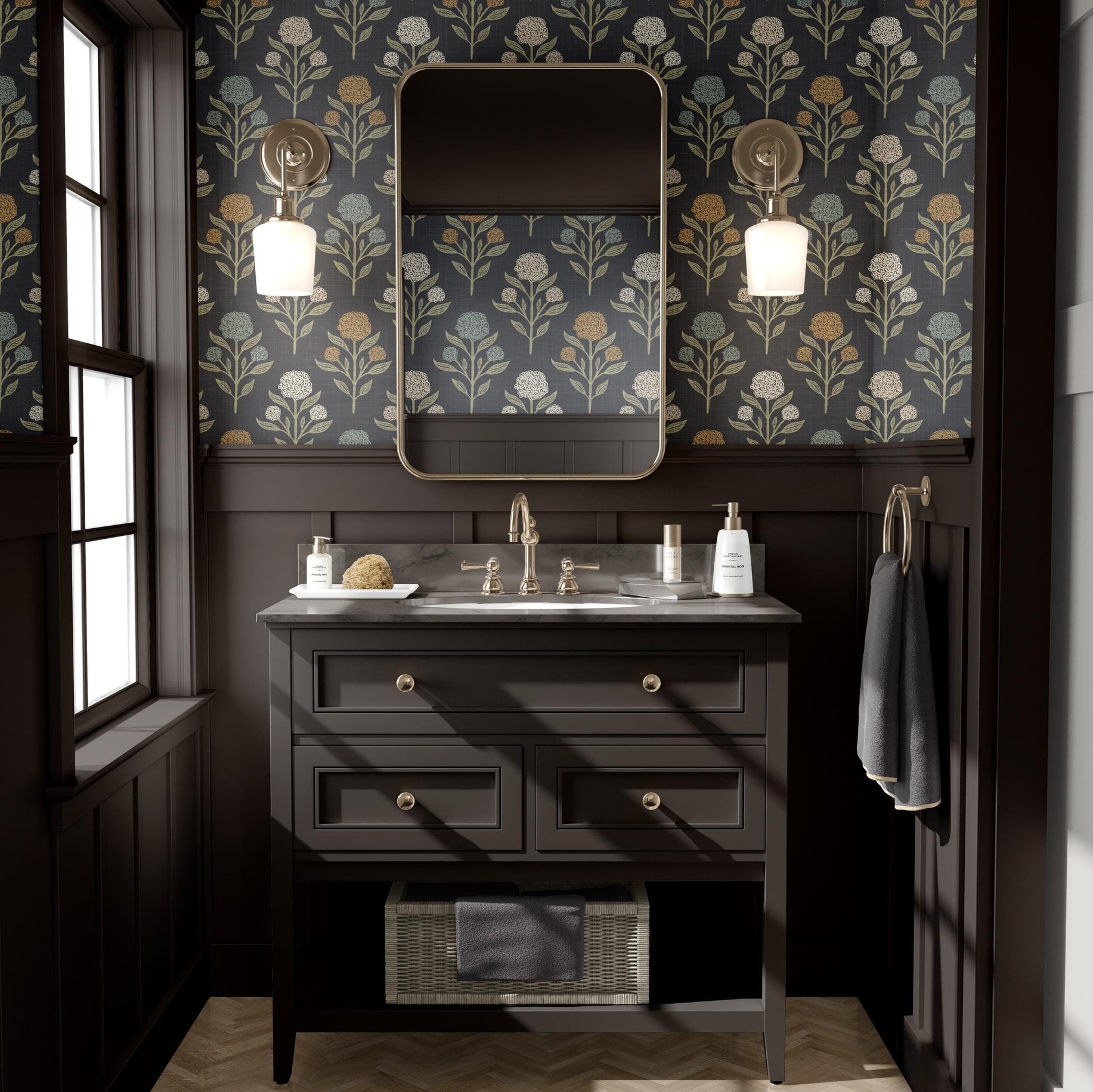 Heritage Revival Dark Floral Gothic Black Wallpaper shown in prepasted or peel and stick removable, diy, renter friendly for powder room, bathroom, entryway, hallway, office, or dramatic statement wall.