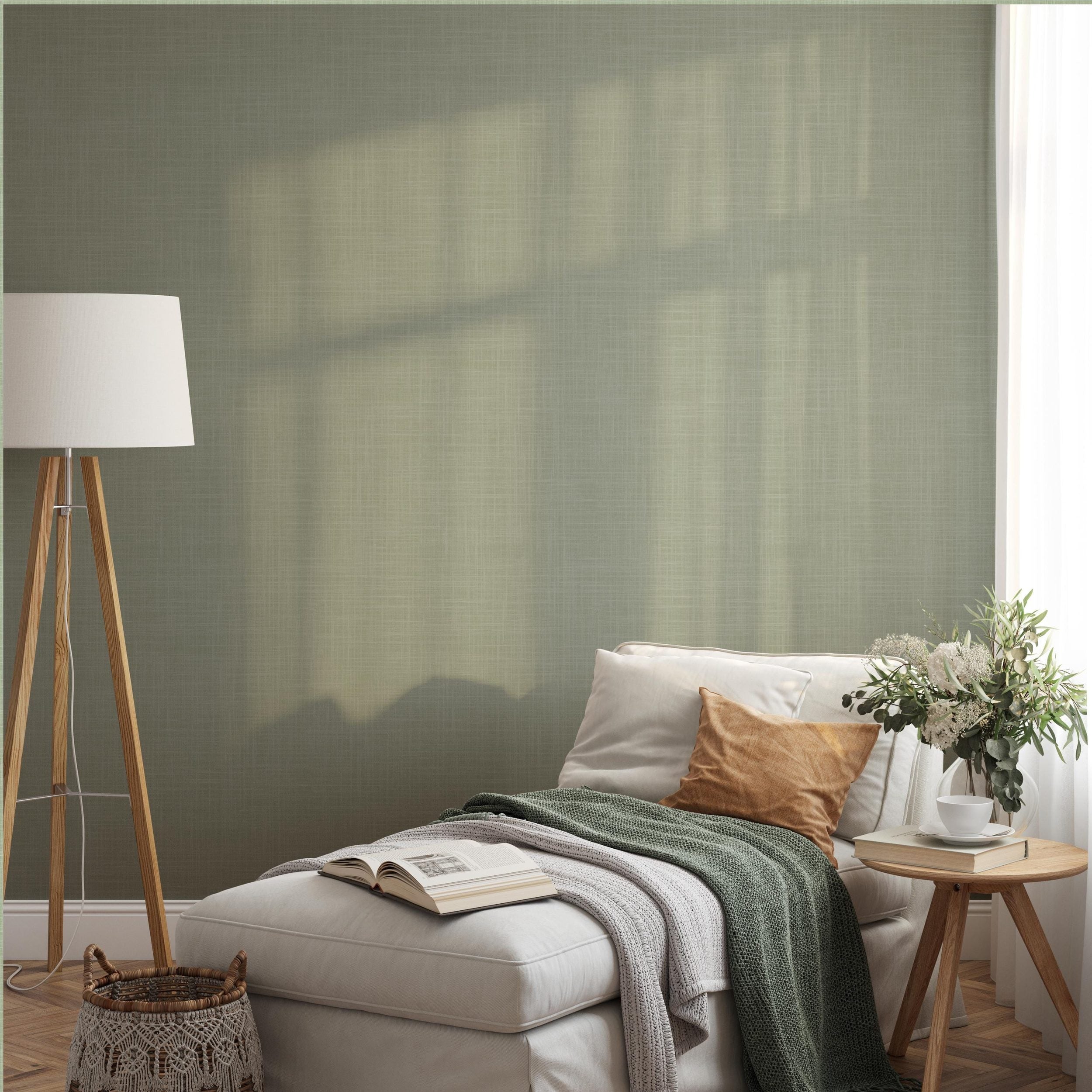 sage green wallpaper showing in peel and stick or prepasted temporary removable with linen look texture for Japandi, boho and farmhouse nursery, powder room, dining room, bedroom, laundry room or office walls.